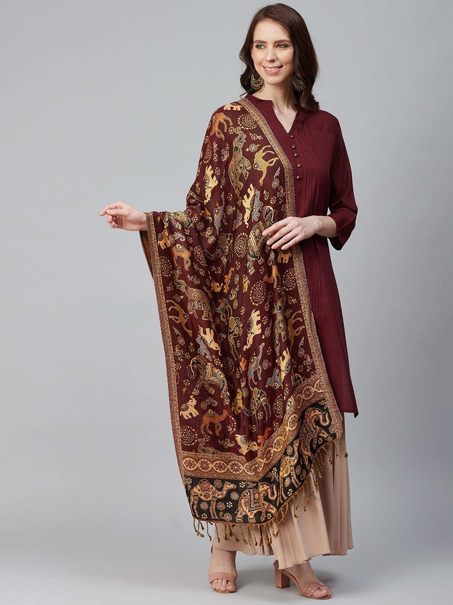 women maroon & beige woven design stole