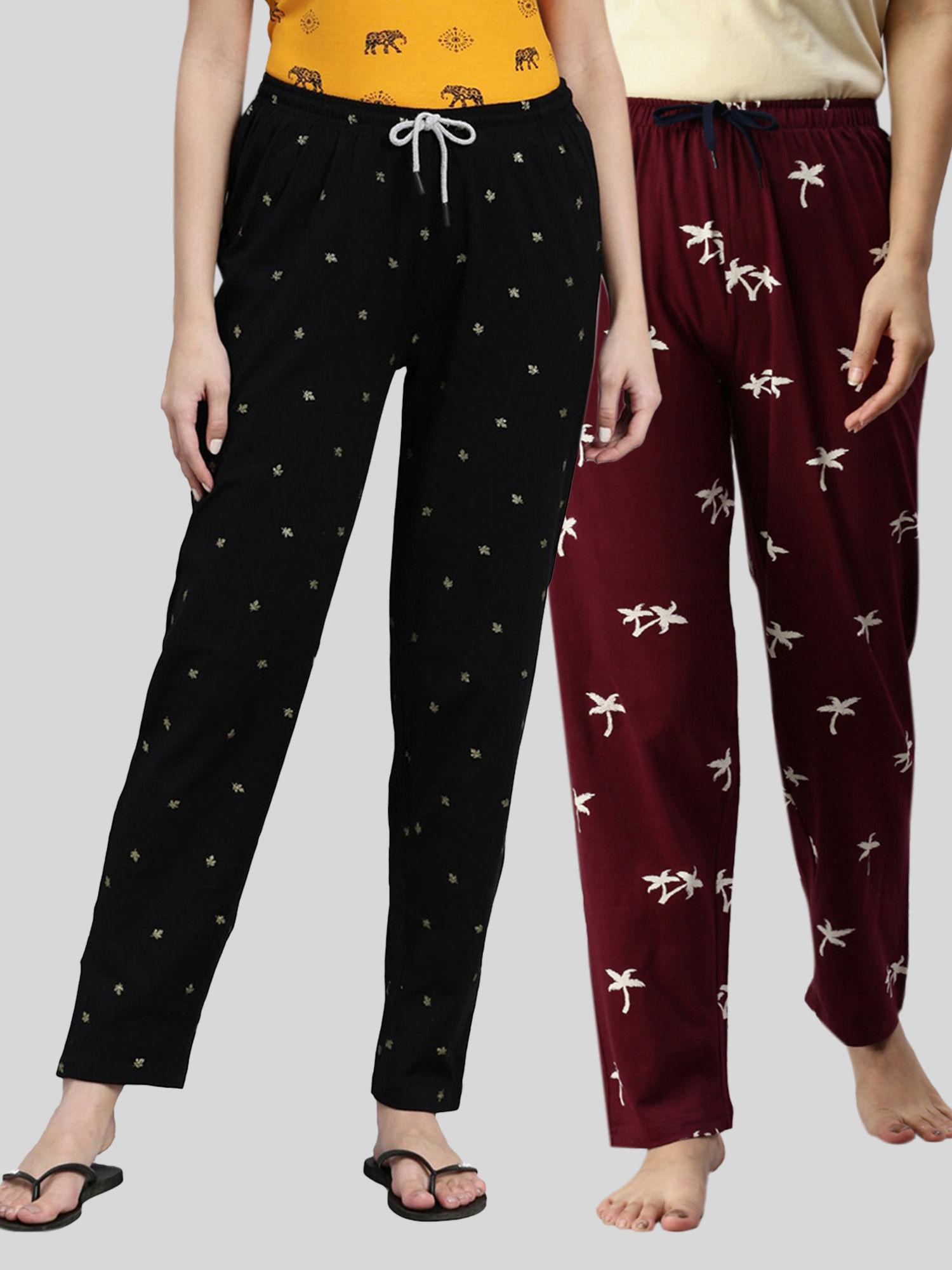 women maroon & black printed pure cotton lounge pants (pack of 2)