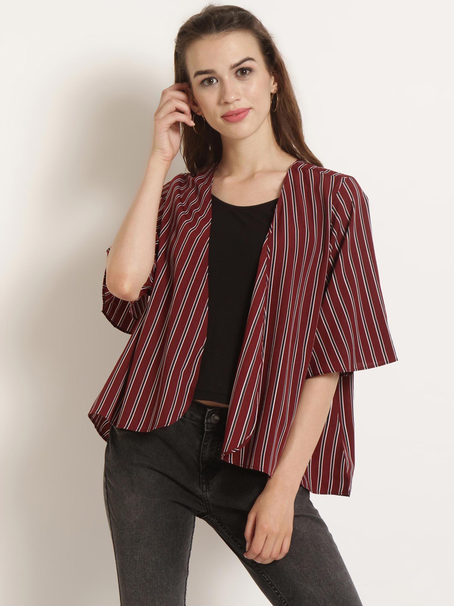 women maroon & black striped open front shrug