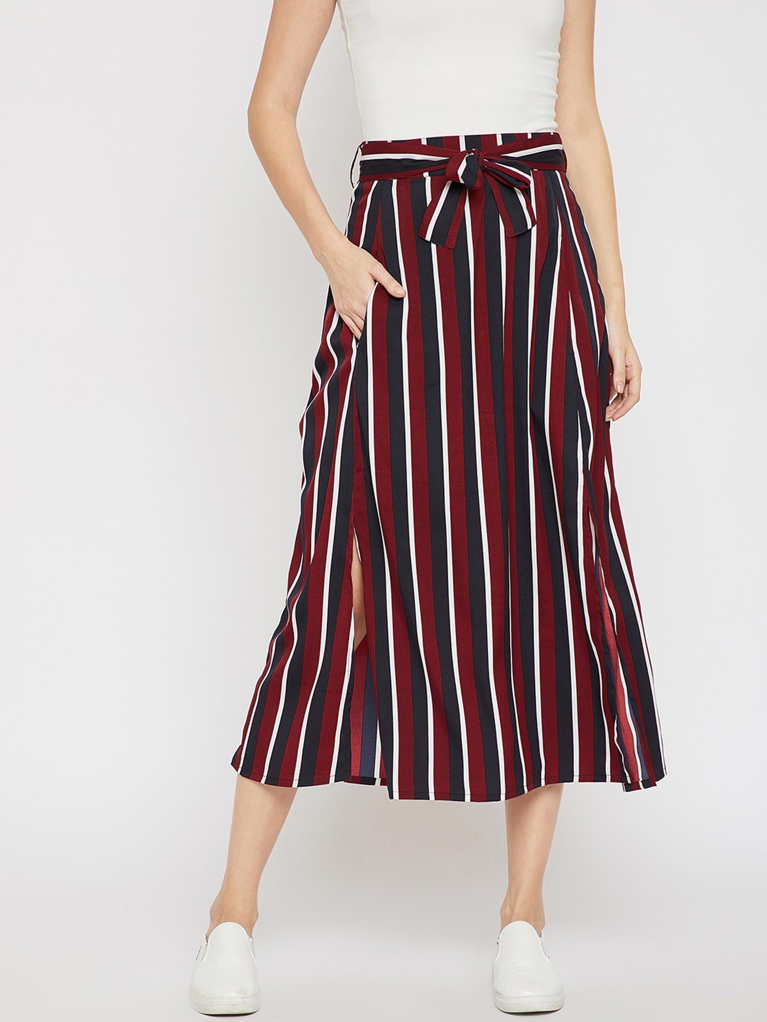 women maroon & navy blue striped a-line midi skirt