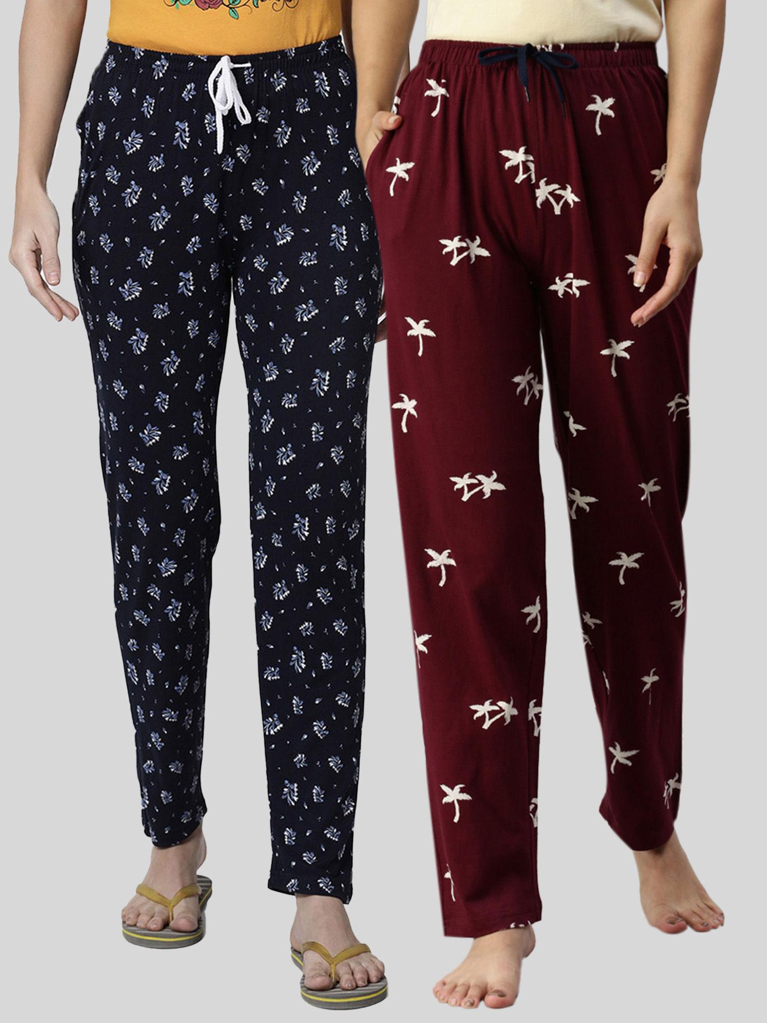 women maroon & navy printed pure cotton lounge pants (pack of 2)