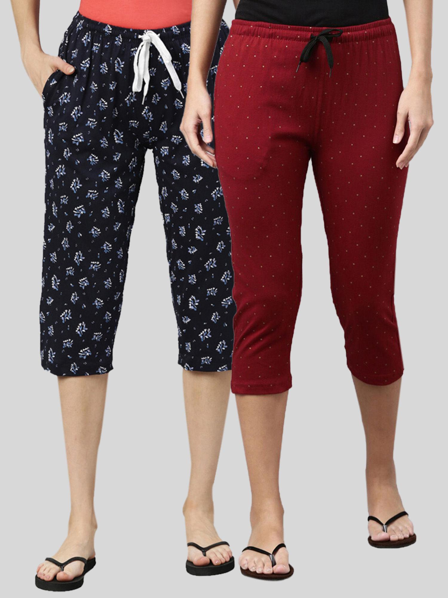 women maroon & navy printed regular fit cotton capris (pack of 2)