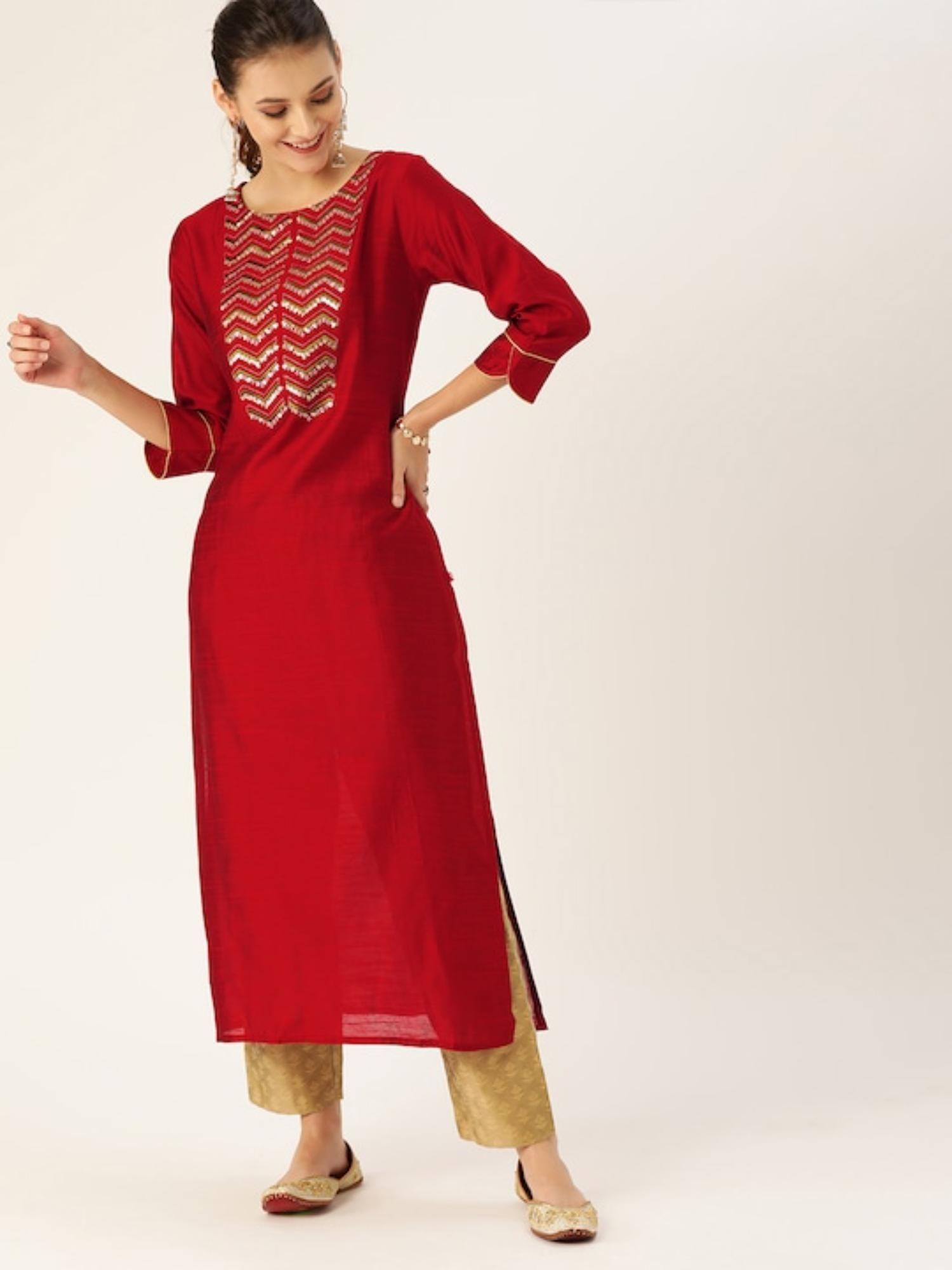 women maroon & off-white yoke design kurta