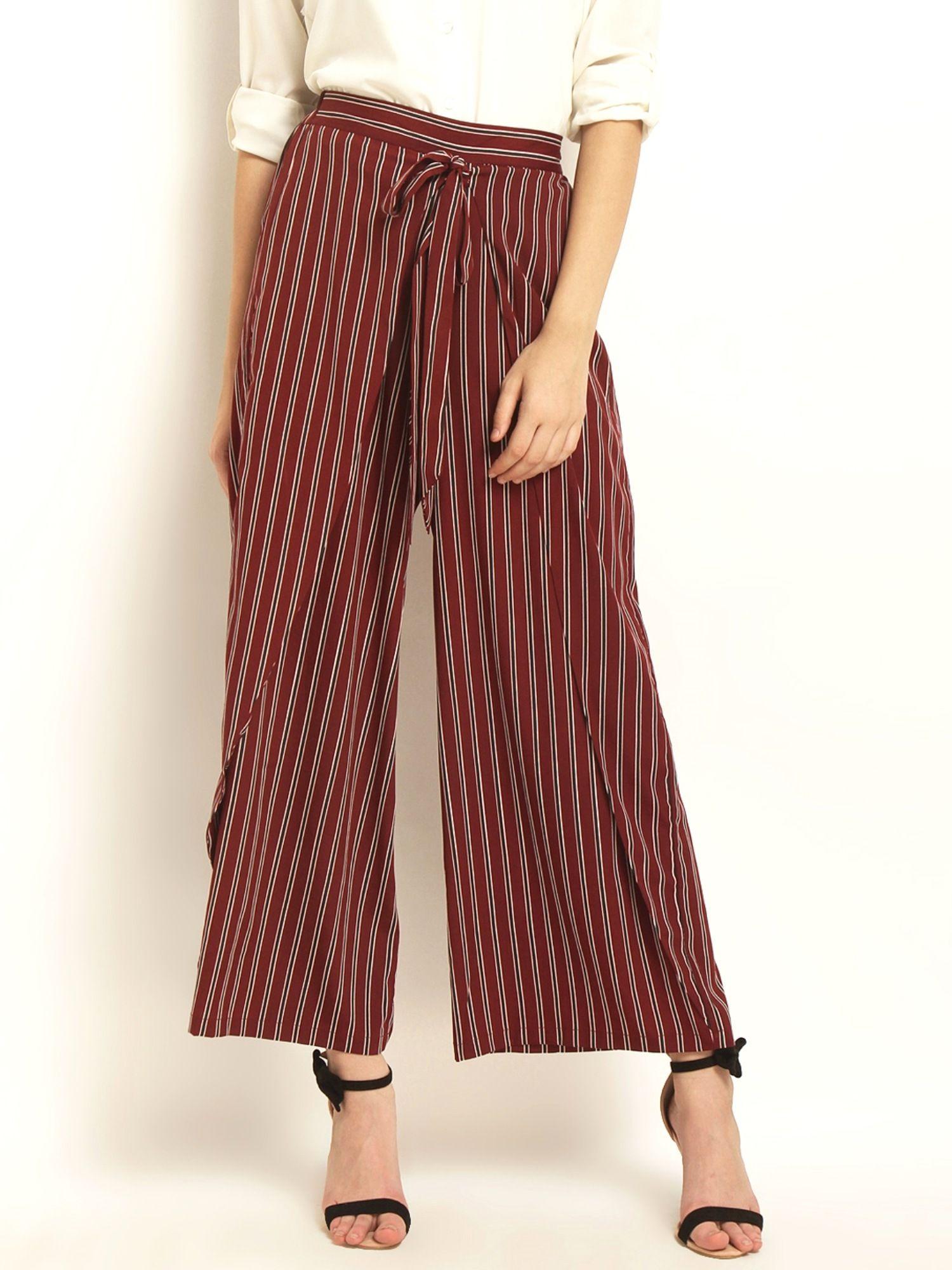 women maroon & white regular fit striped parallel palazzo