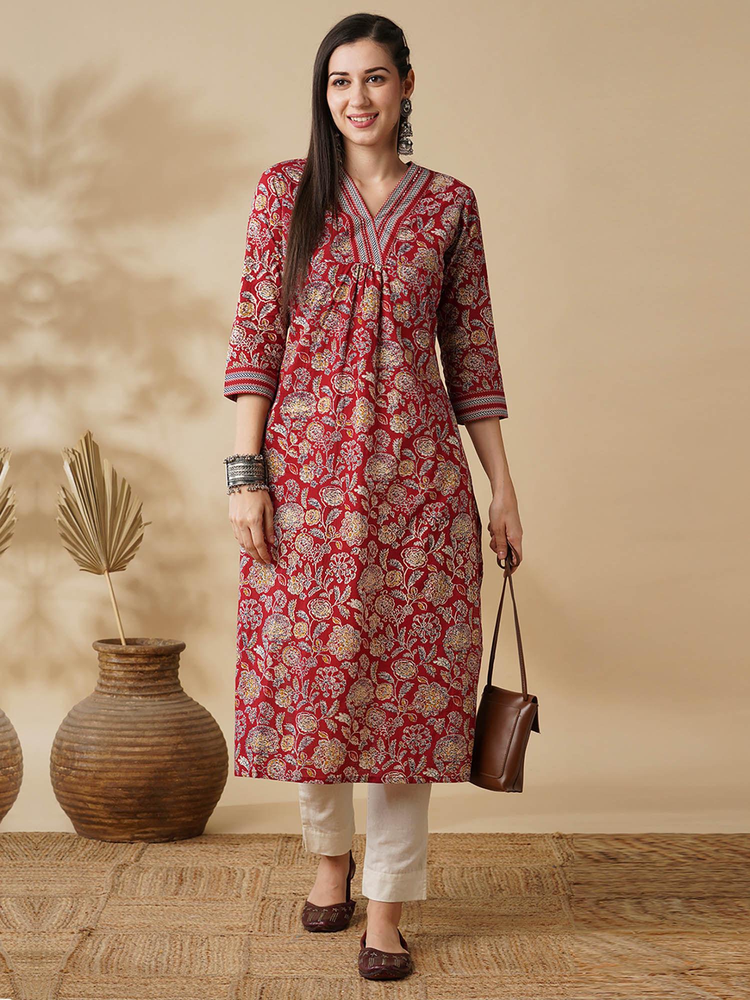 women maroon allover floral printed v-neck pleated a-line workwear kurta