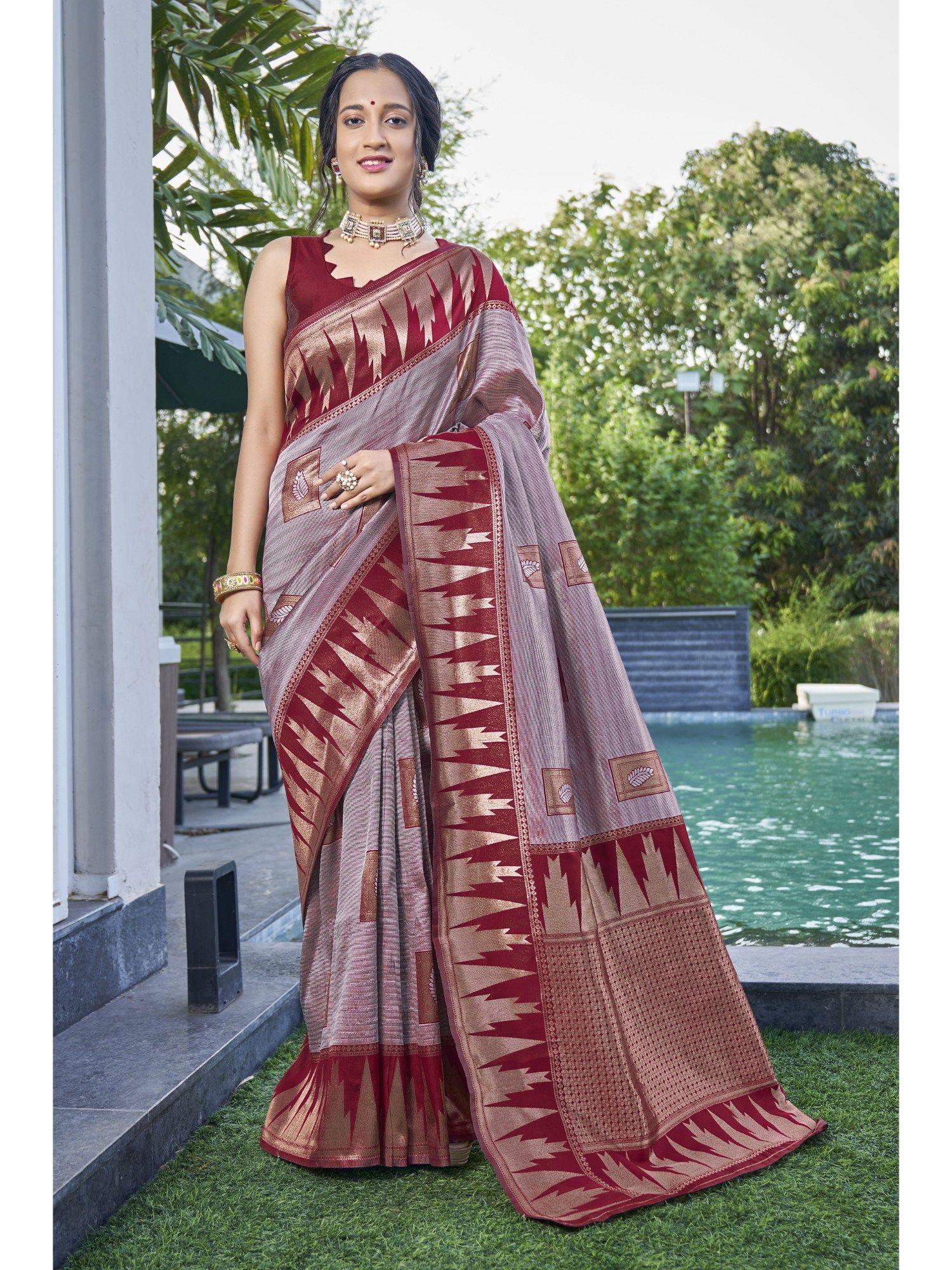 women maroon banarasi silk zari woven saree with unstitched blouse