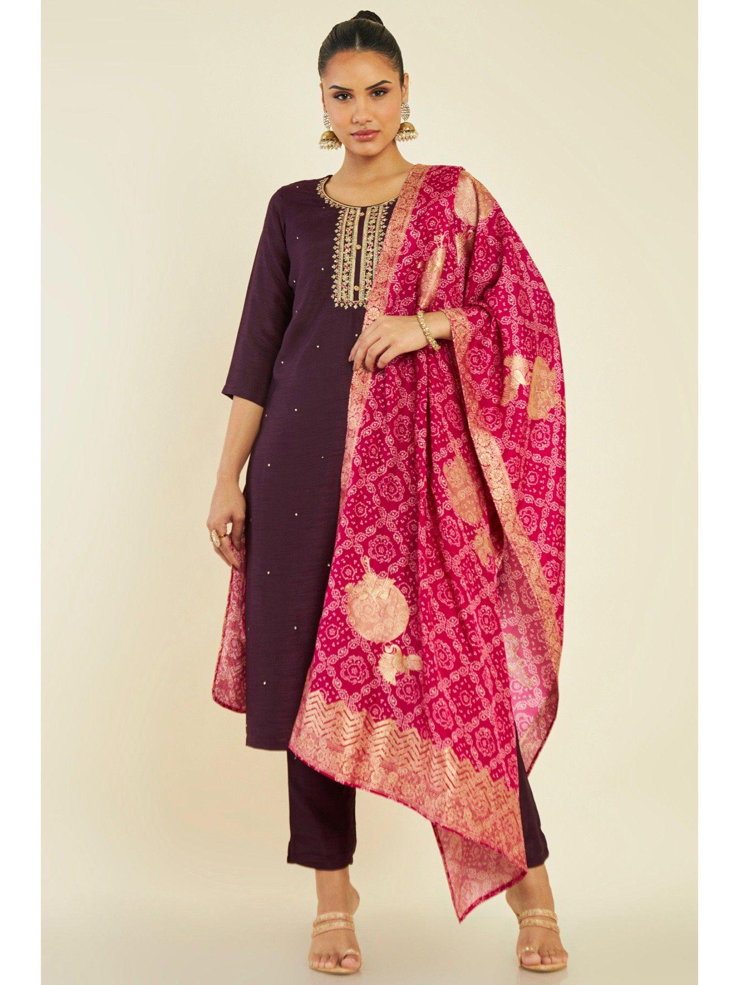women maroon blended fabric embroidered suit (set of 3)