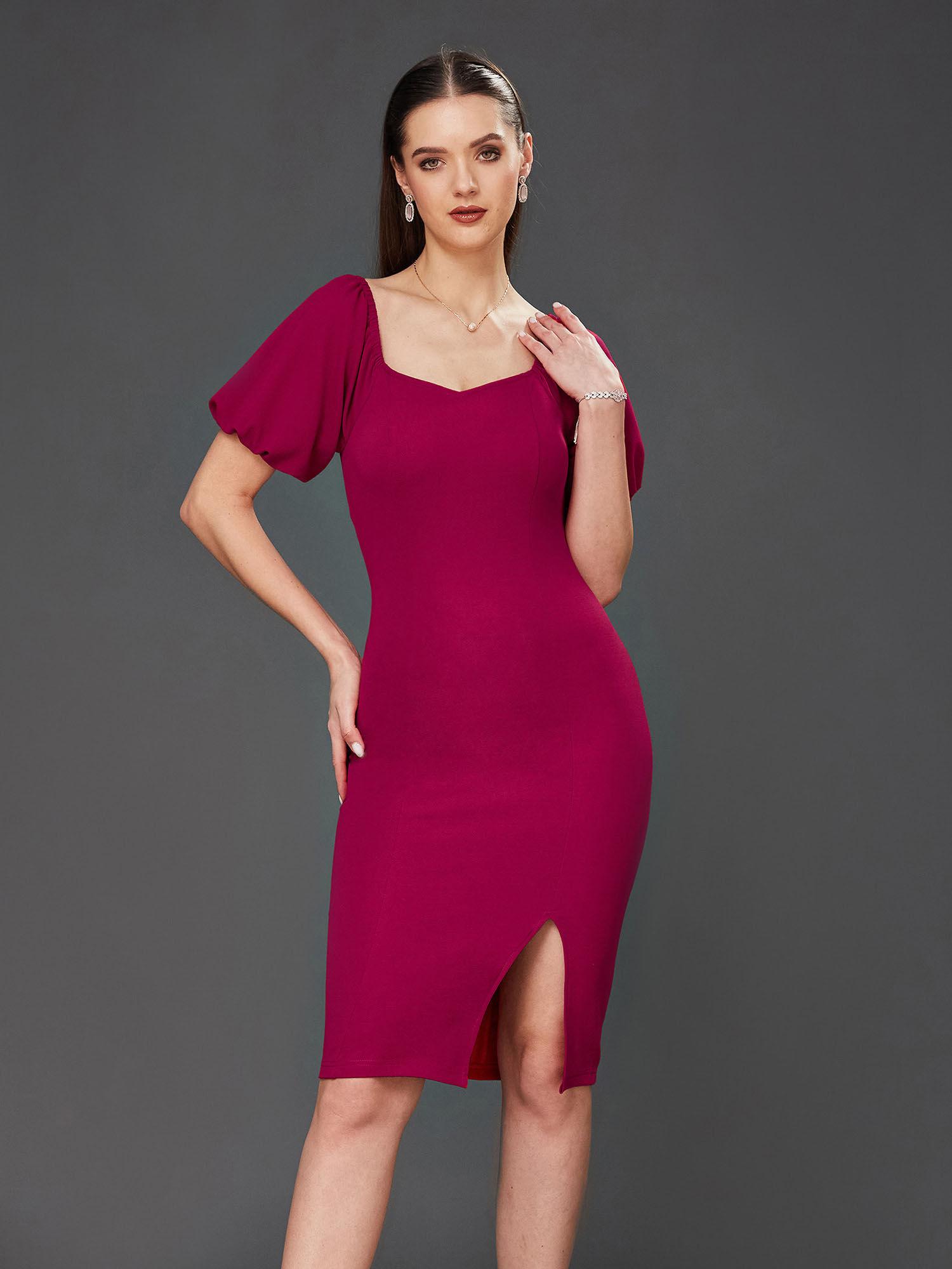 women maroon bodycon v-neck half sleeve slim fit knee-length dress