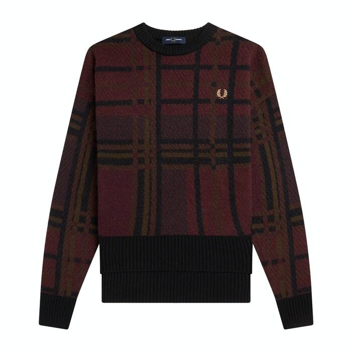 women maroon chequered double hem sweater