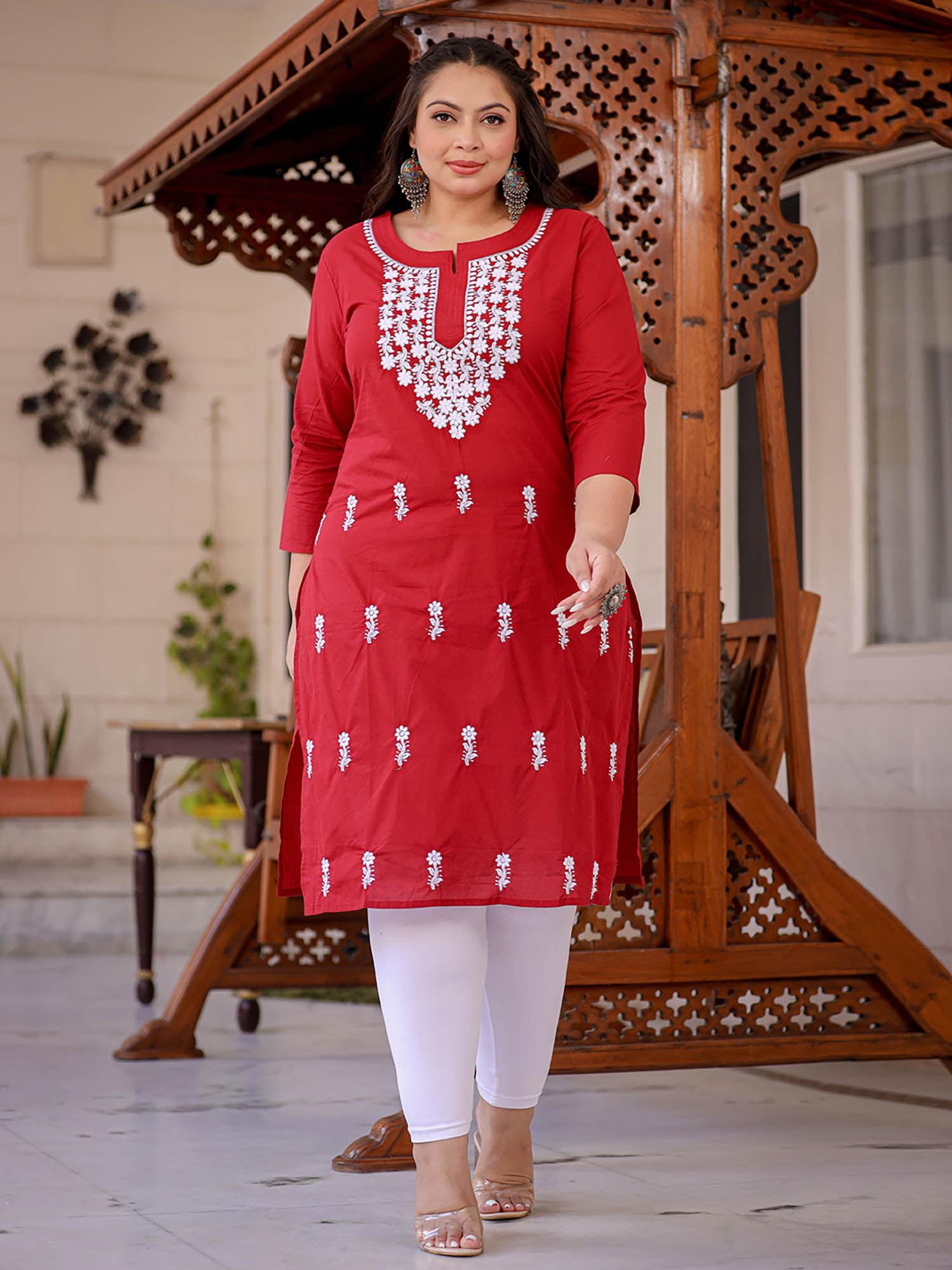 women maroon chikankari straight plus size kurta