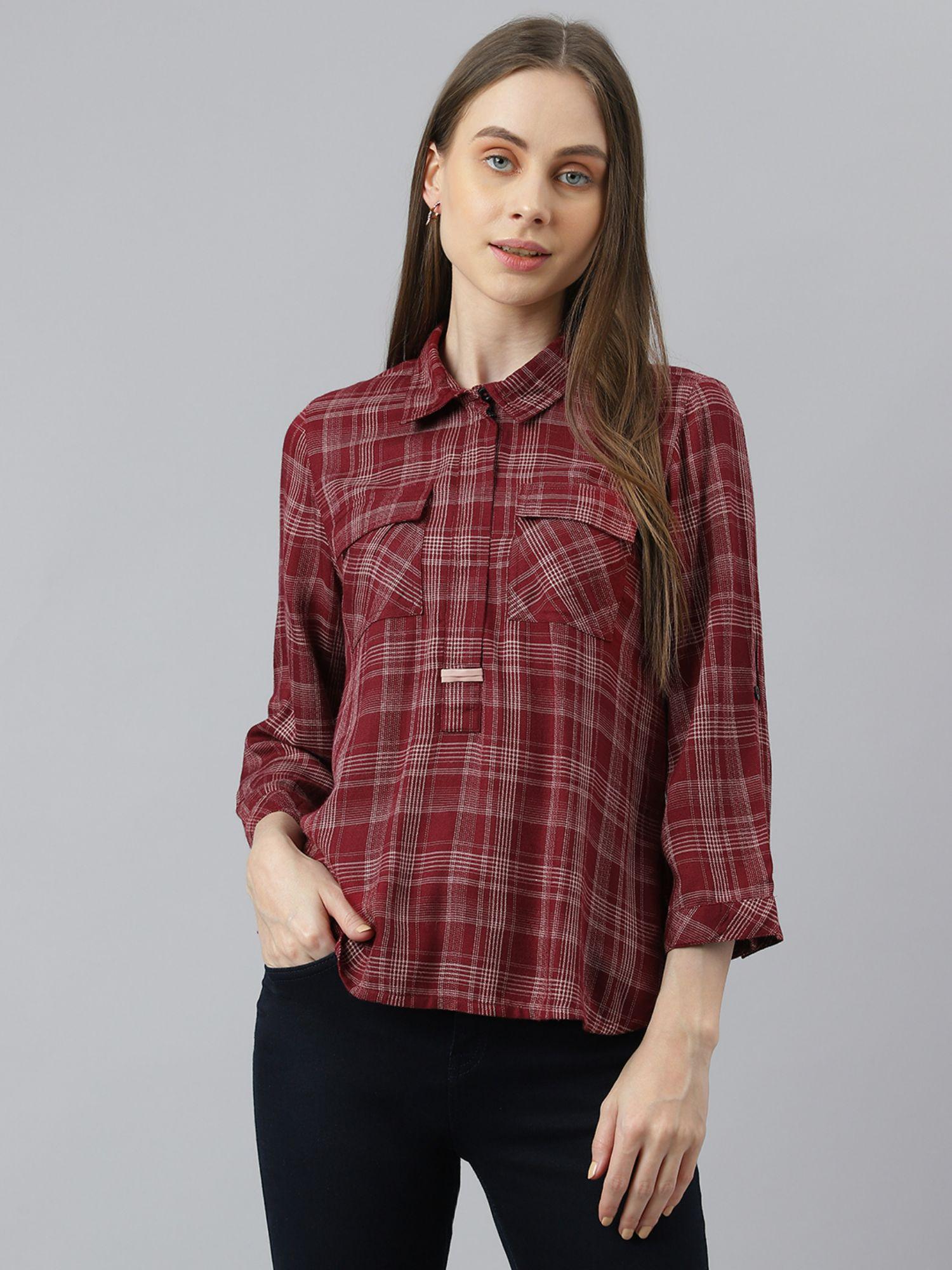 women maroon color checked shirt