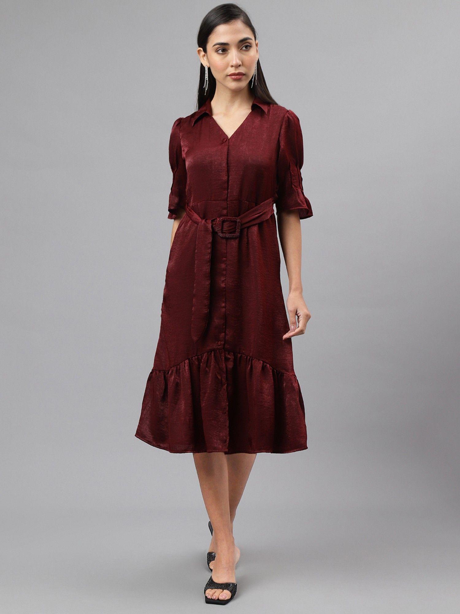 women maroon color midi dress