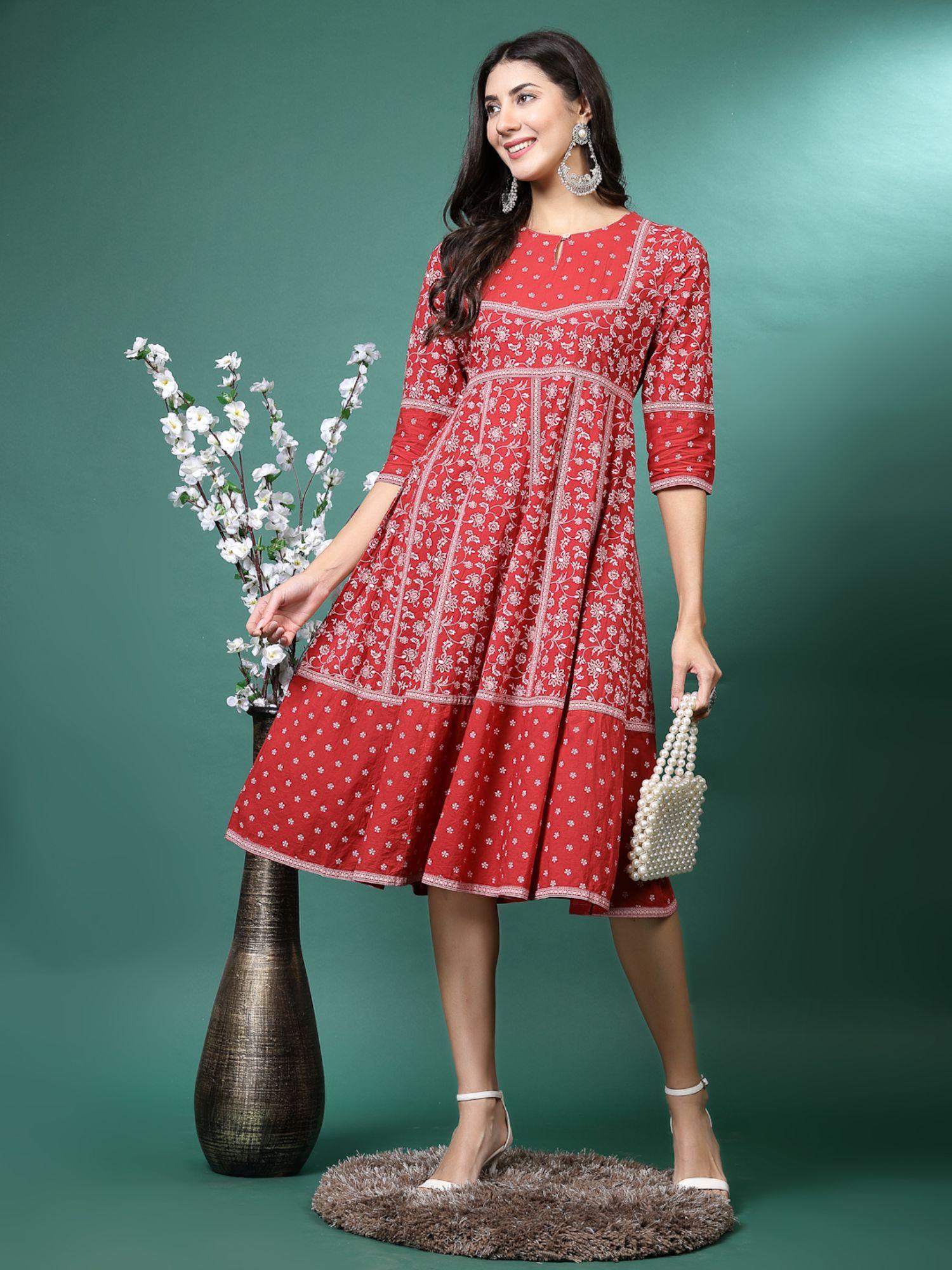 women maroon color printed a-line midi dress