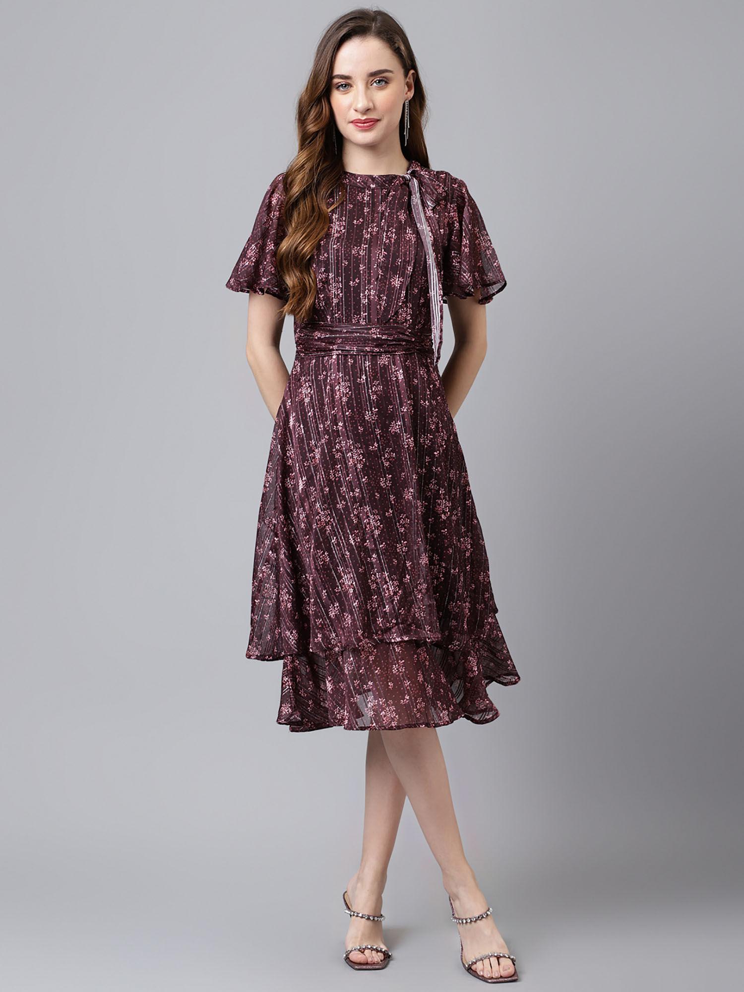 women maroon color printed knee length dress