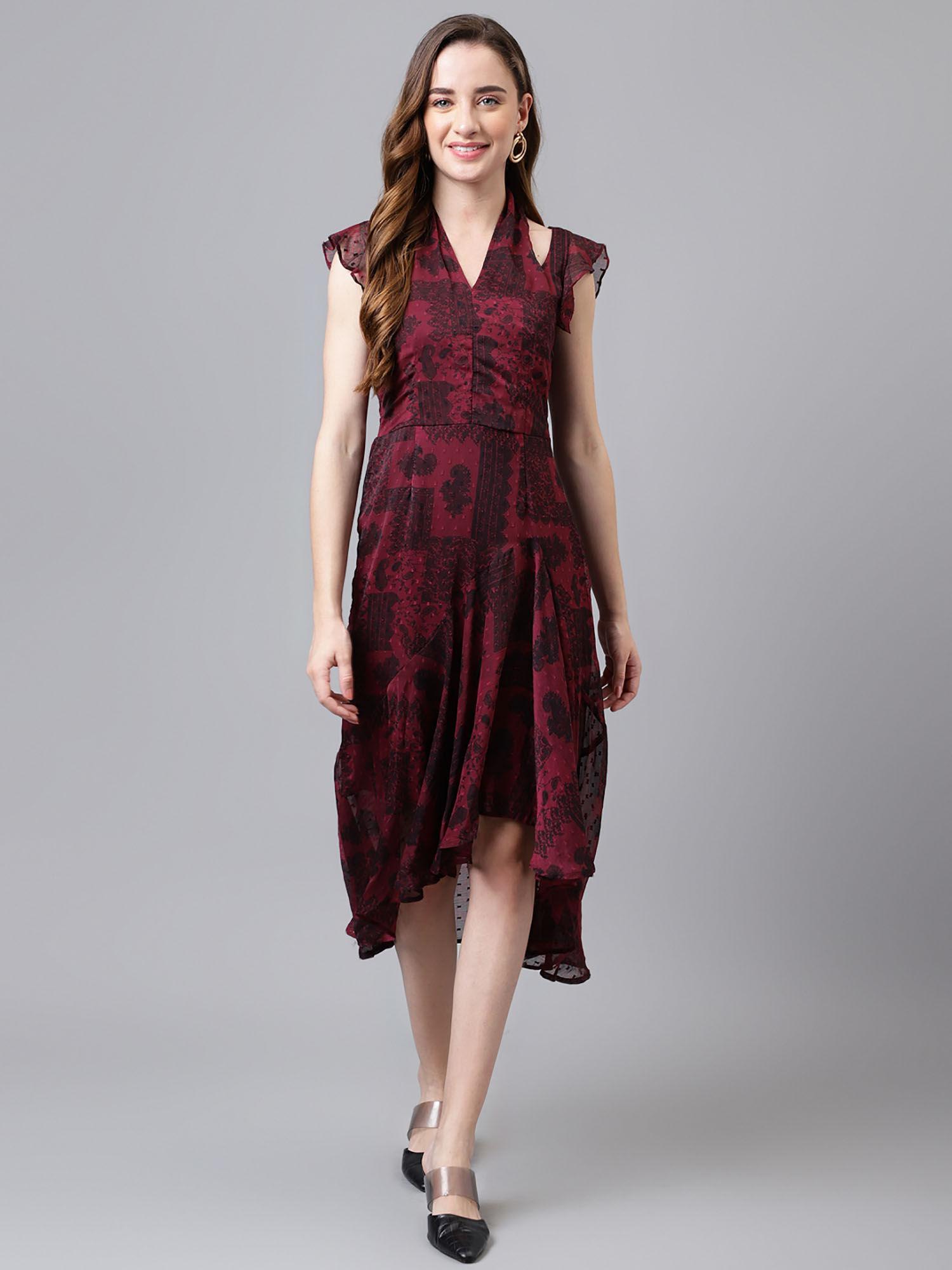 women maroon color printed knee length dress