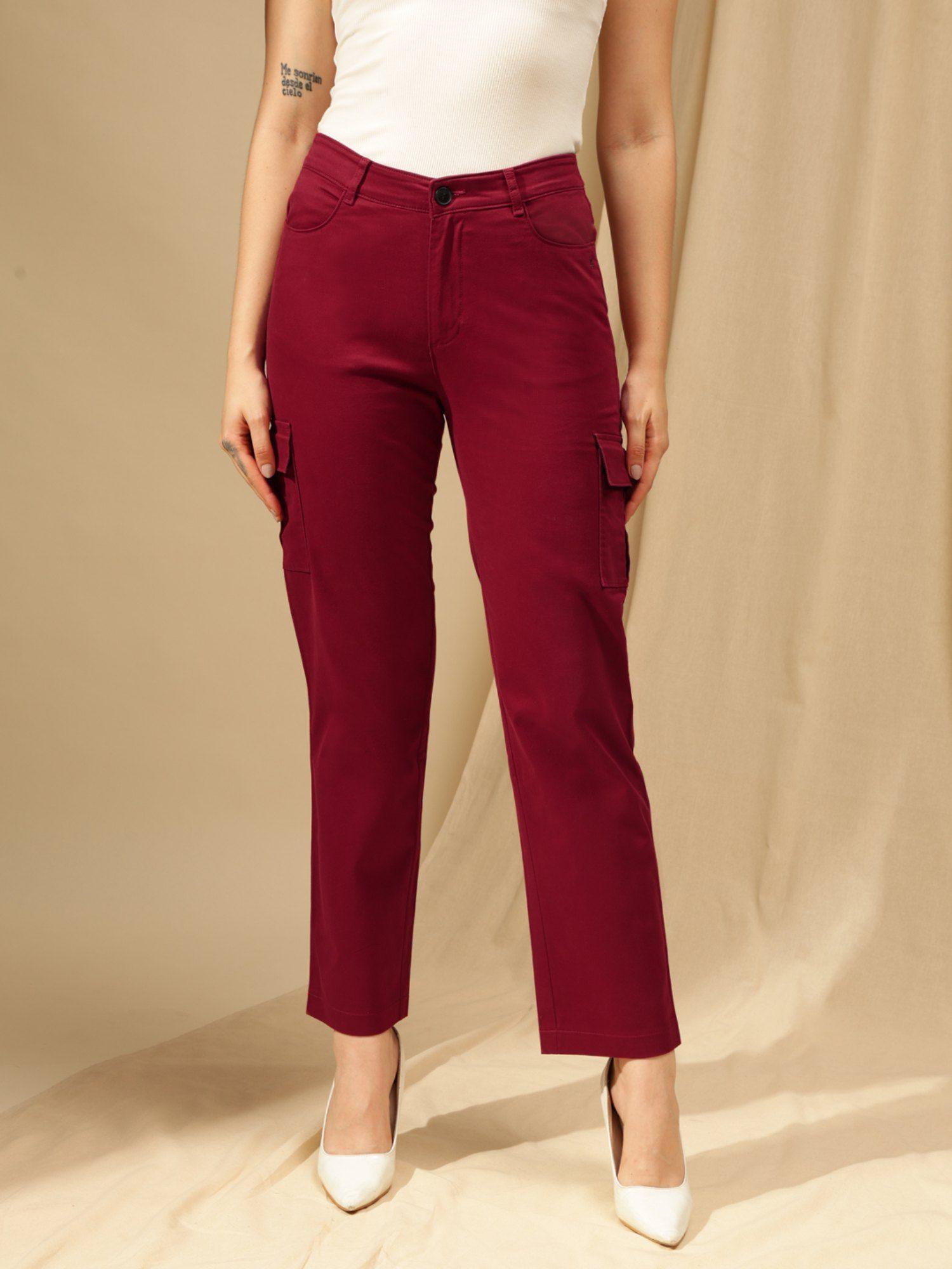 women maroon comfort straight fit high-rise cotton cargo trousers