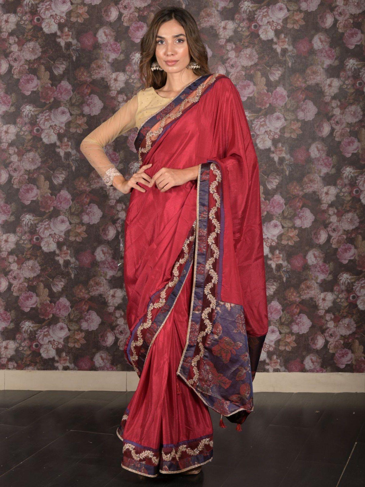 women maroon crepe embroidered saree with unstitched blouse