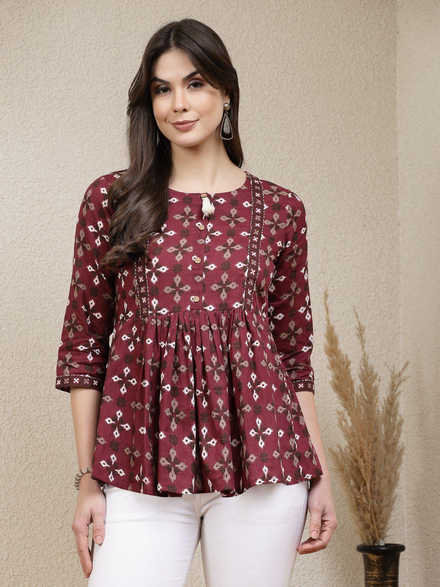 women maroon dabu printed cotton peplum top