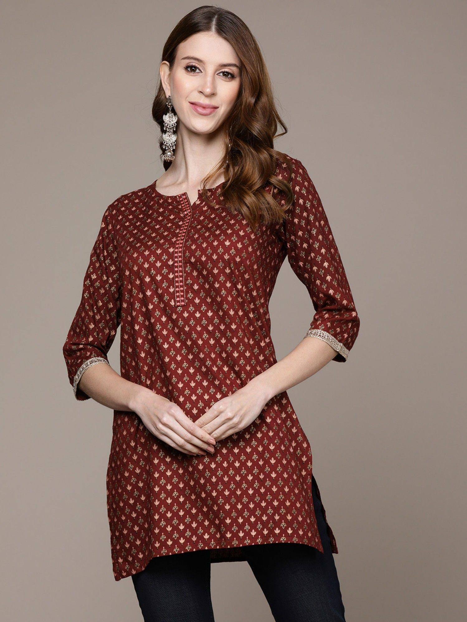 women maroon embroidered printed tunic