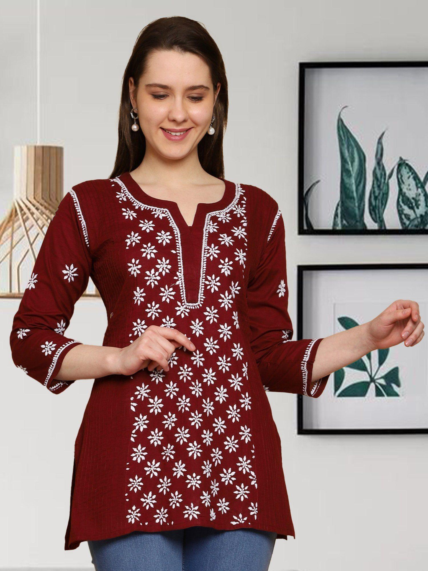 women maroon ethnic motifs hand embroidered lucknowi chikankari cotton kurti