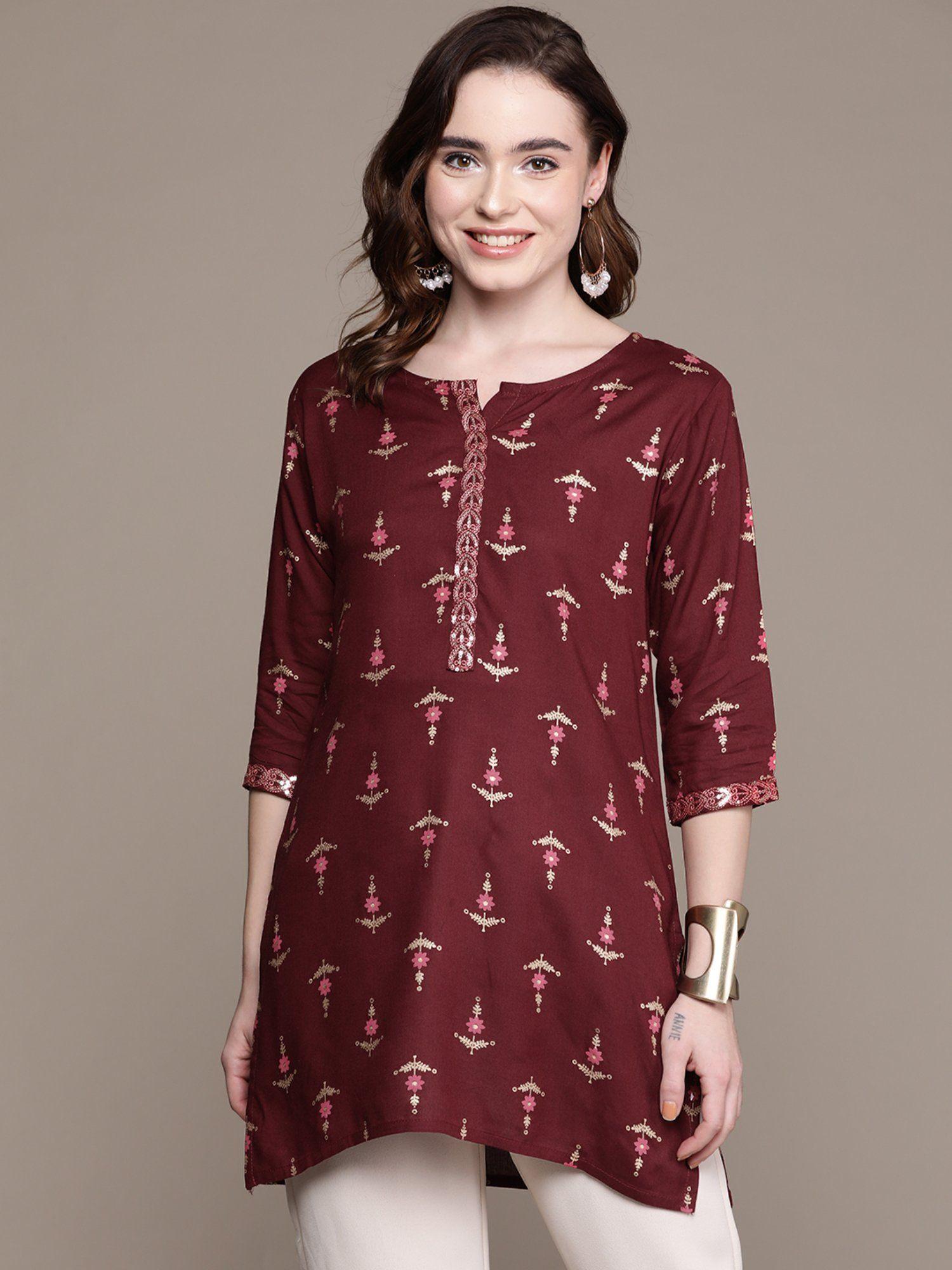 women maroon ethnic motifs printed kurti