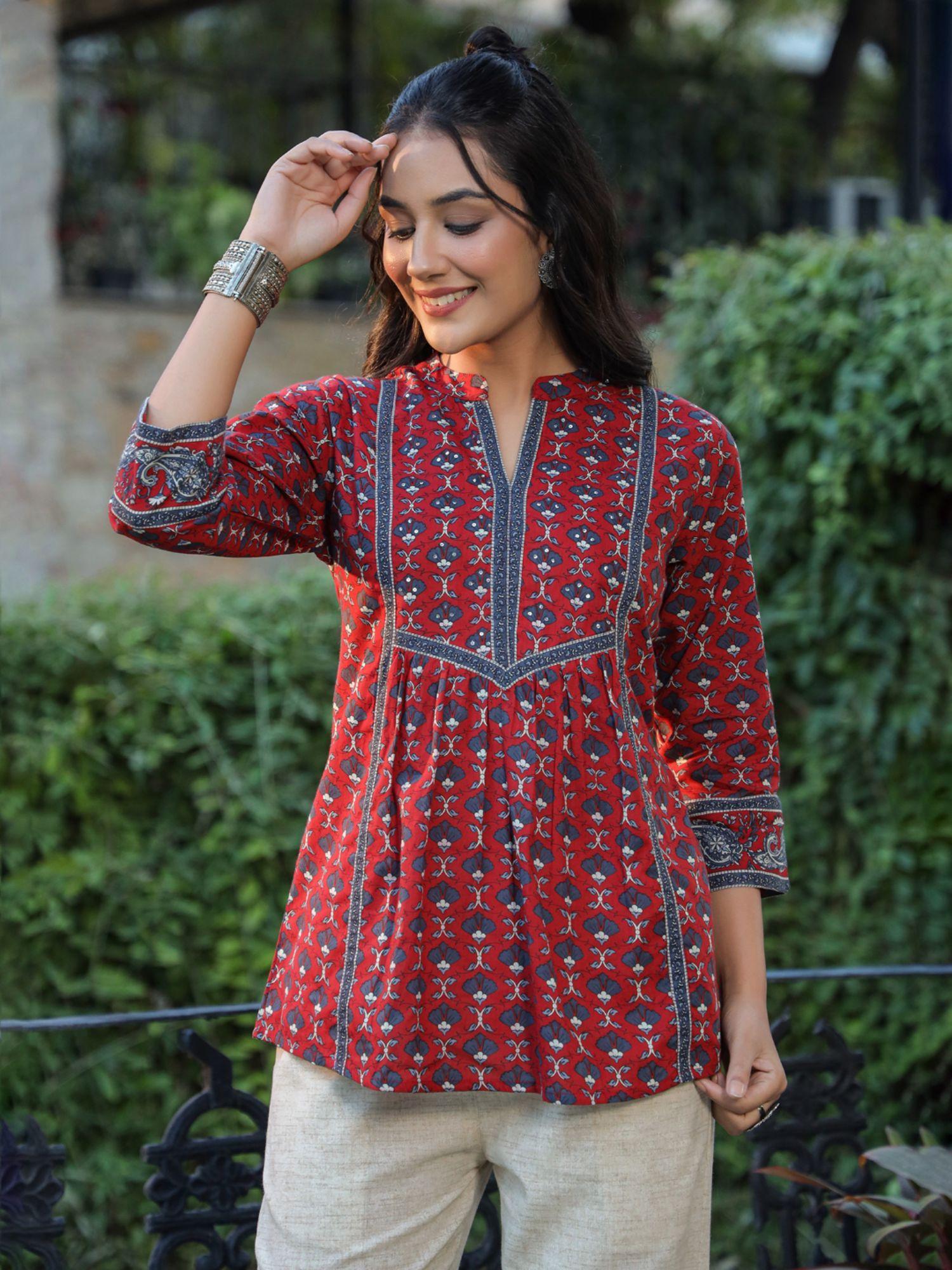 women maroon ethnic motifs printed pure cotton a-line kurti