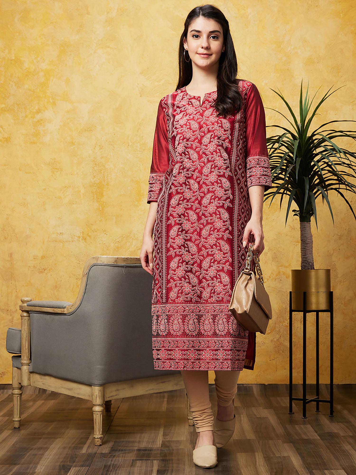 women maroon ethnic motifs printed straight calf length festive kurta