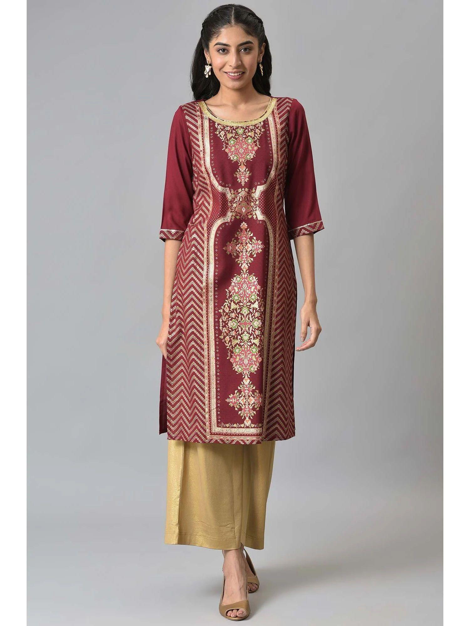 women maroon festive floral print rayon kurta