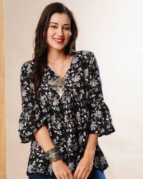 women maroon floral & paisley printed v-neck bell sleeves gathered a-line alia cut workwear tunic