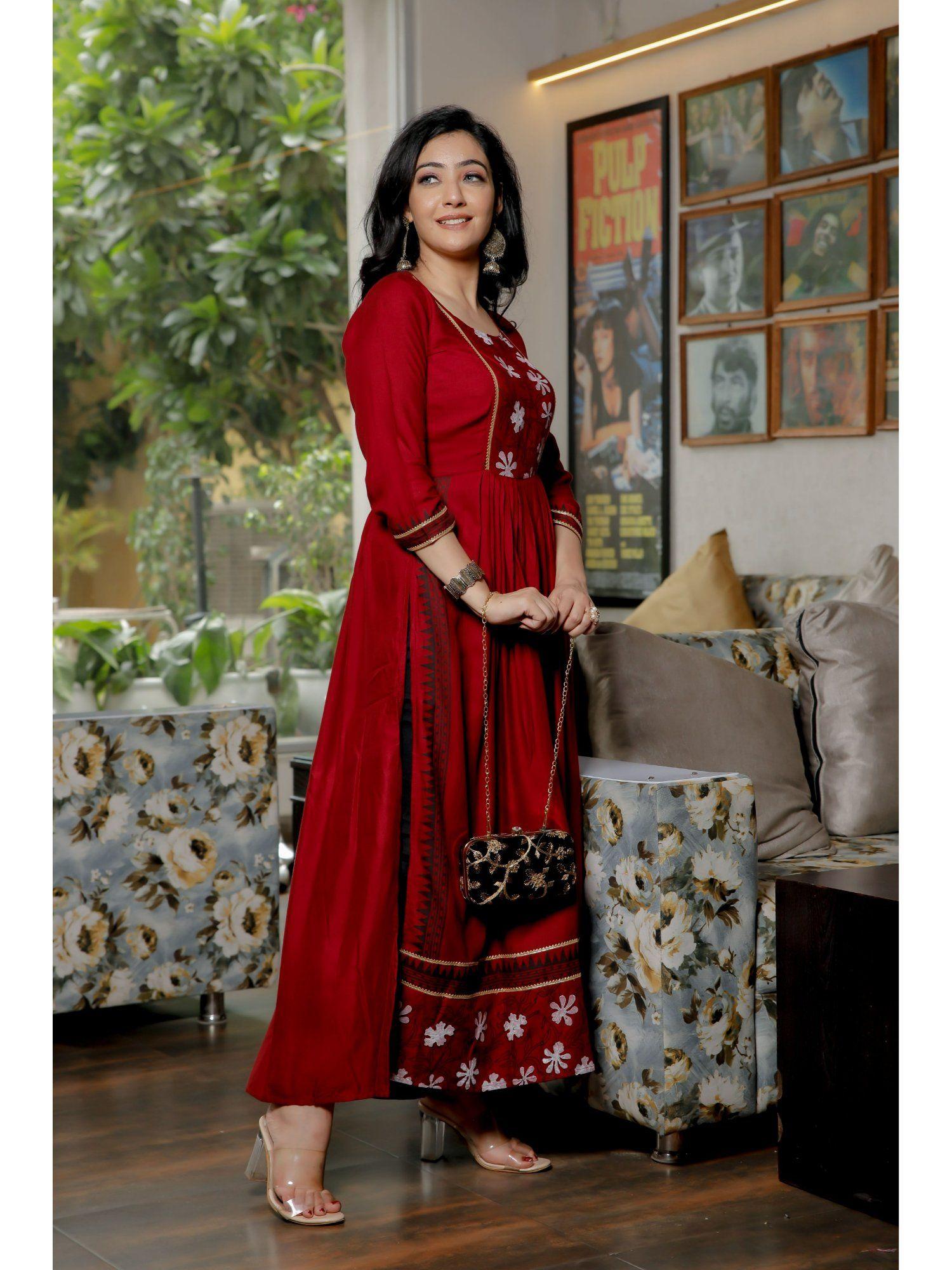 women maroon floral block print flared kurta