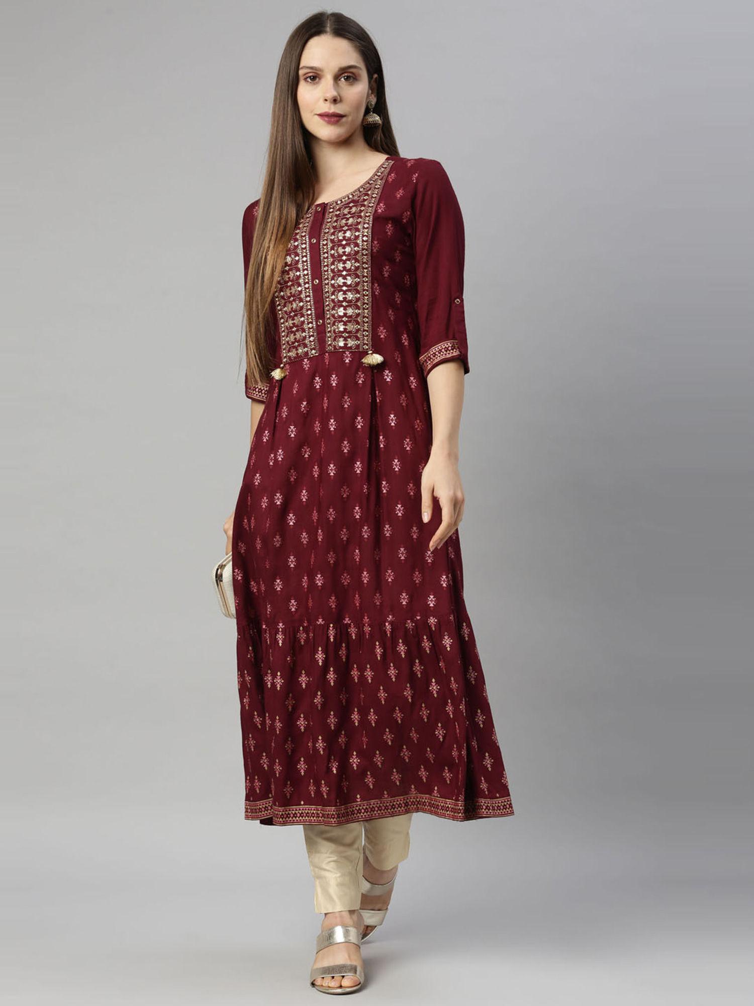 women maroon floral embroidered mirror work anarkali kurta