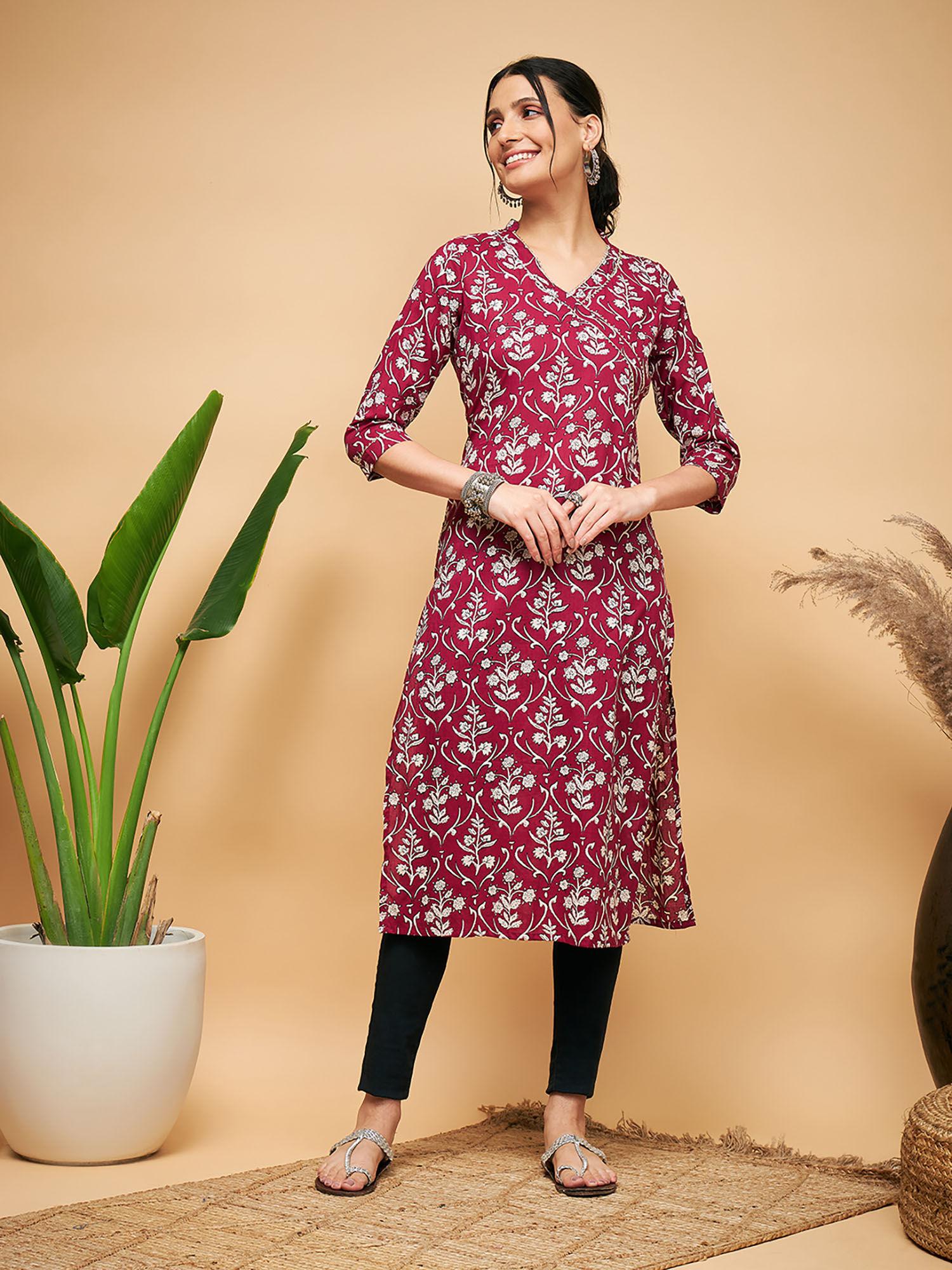 women maroon floral kurta