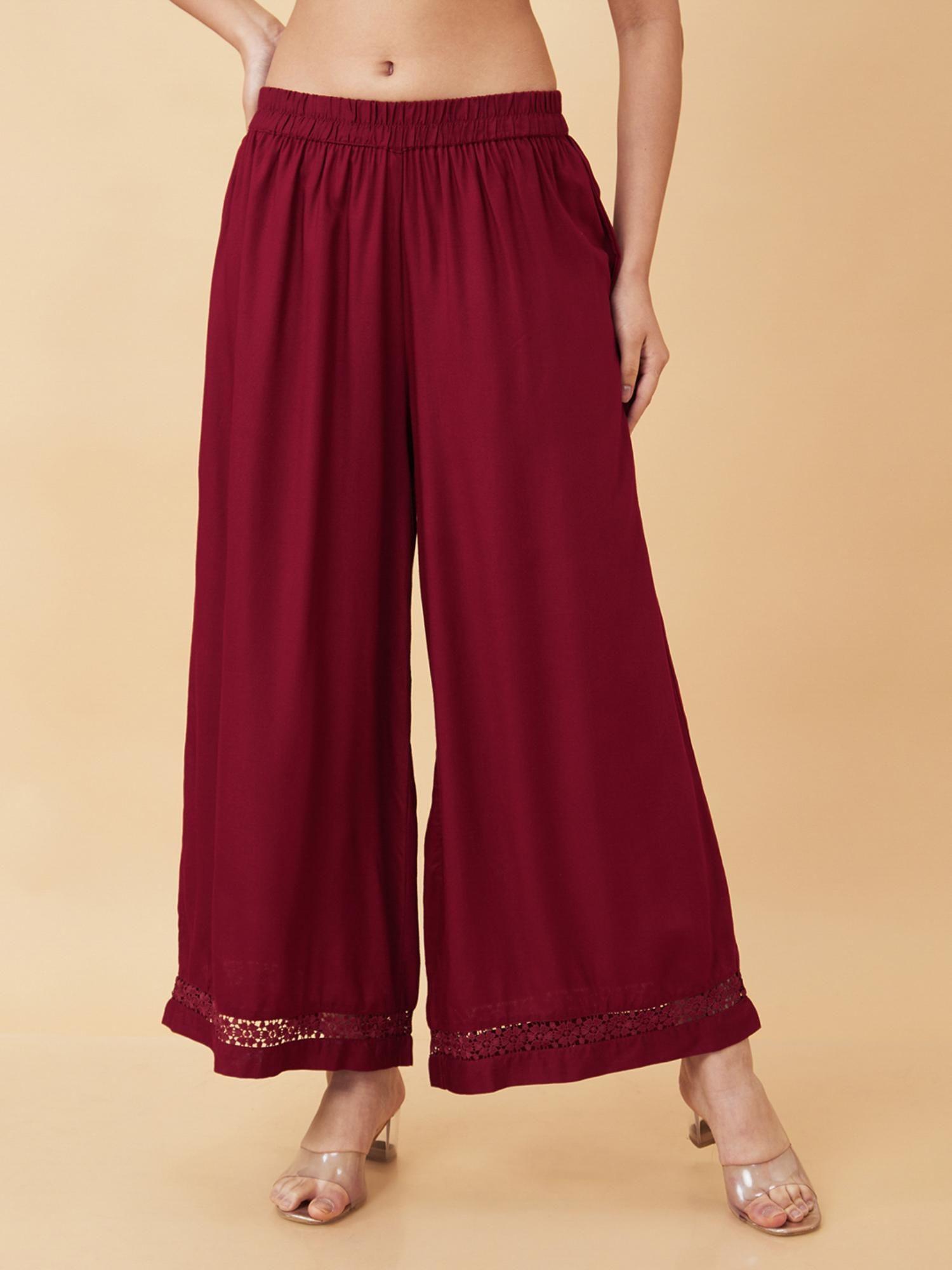 women maroon floral lace hem design wide leg ethnic palazzos