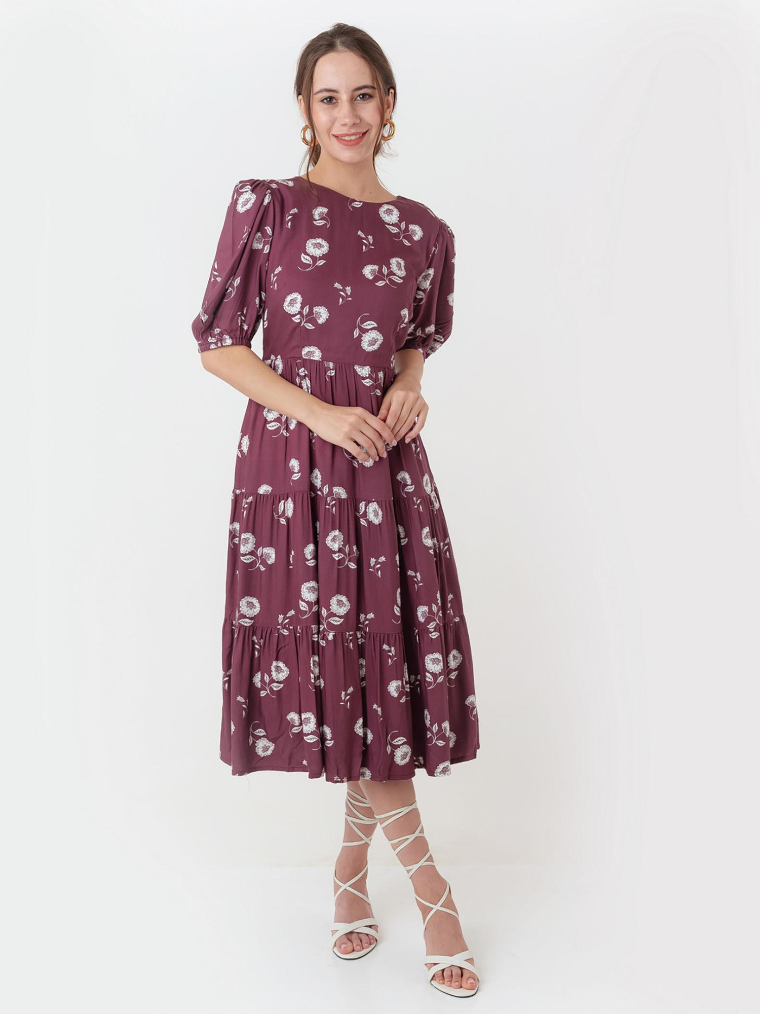 women maroon floral midi dress