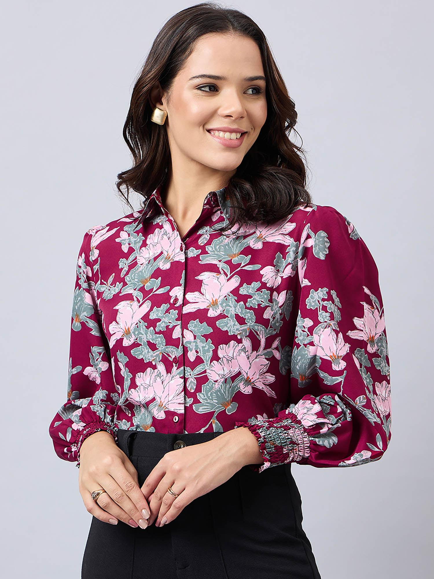 women maroon floral polyester smart casual shirt