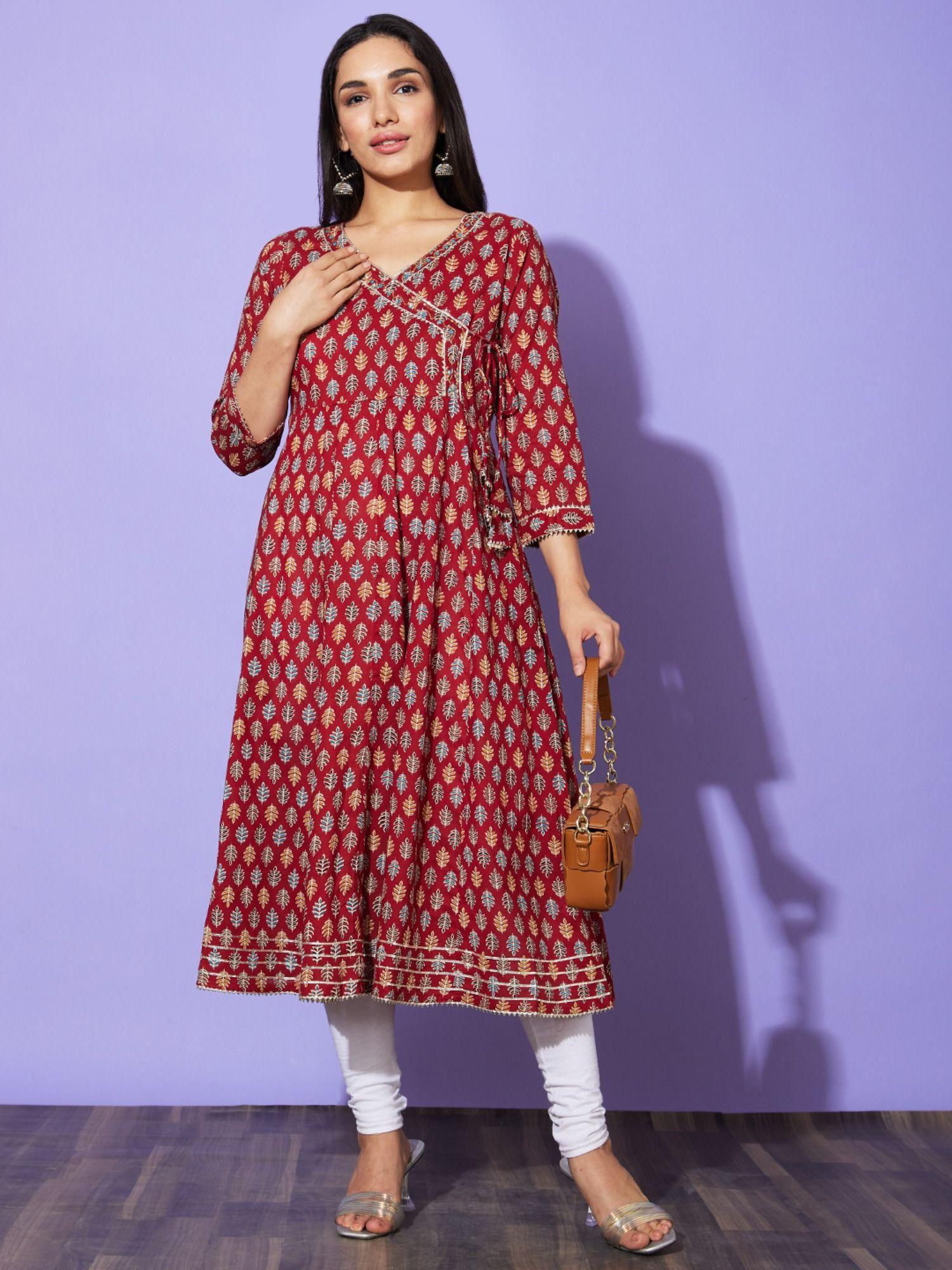 women maroon floral print v-neck cotton casual a-line kurta