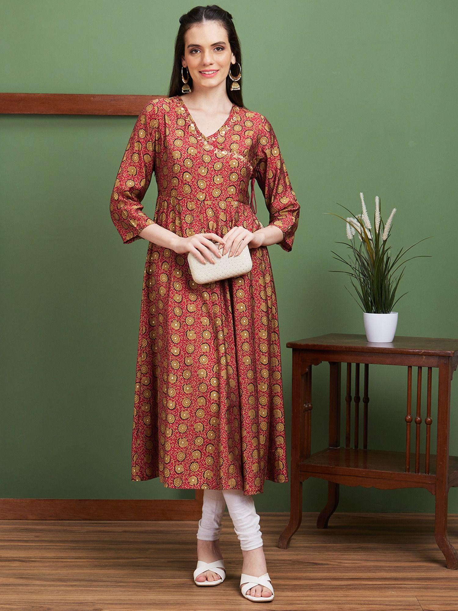 women maroon floral print v-neck festive anarkali kurta