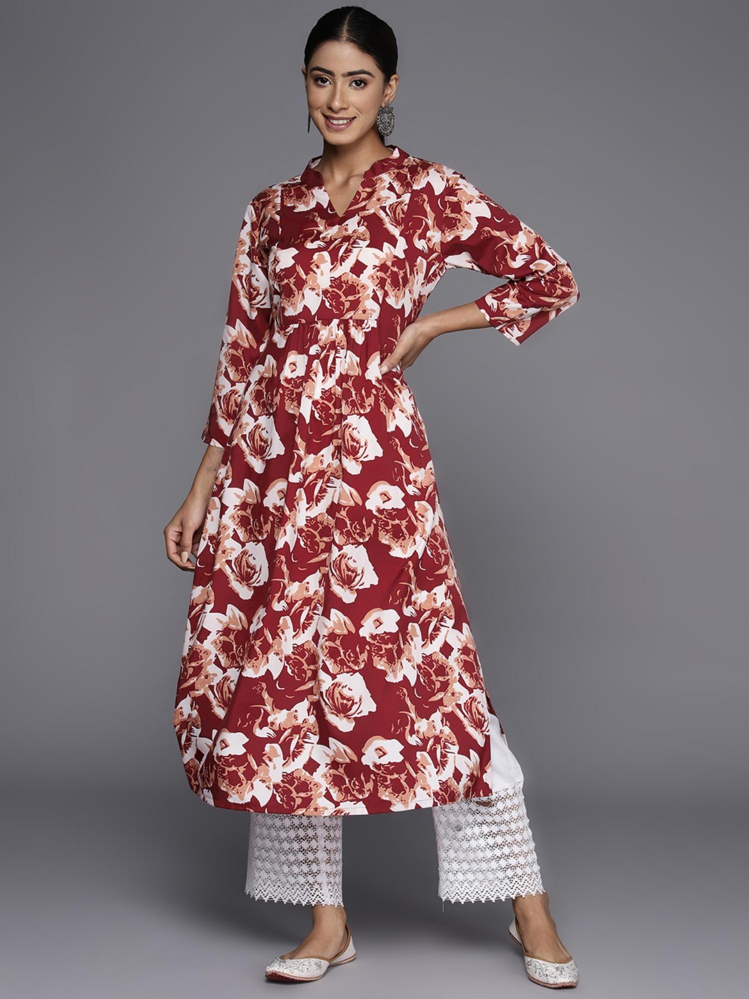 women maroon floral printed a-line kurta with three quarter sleeves