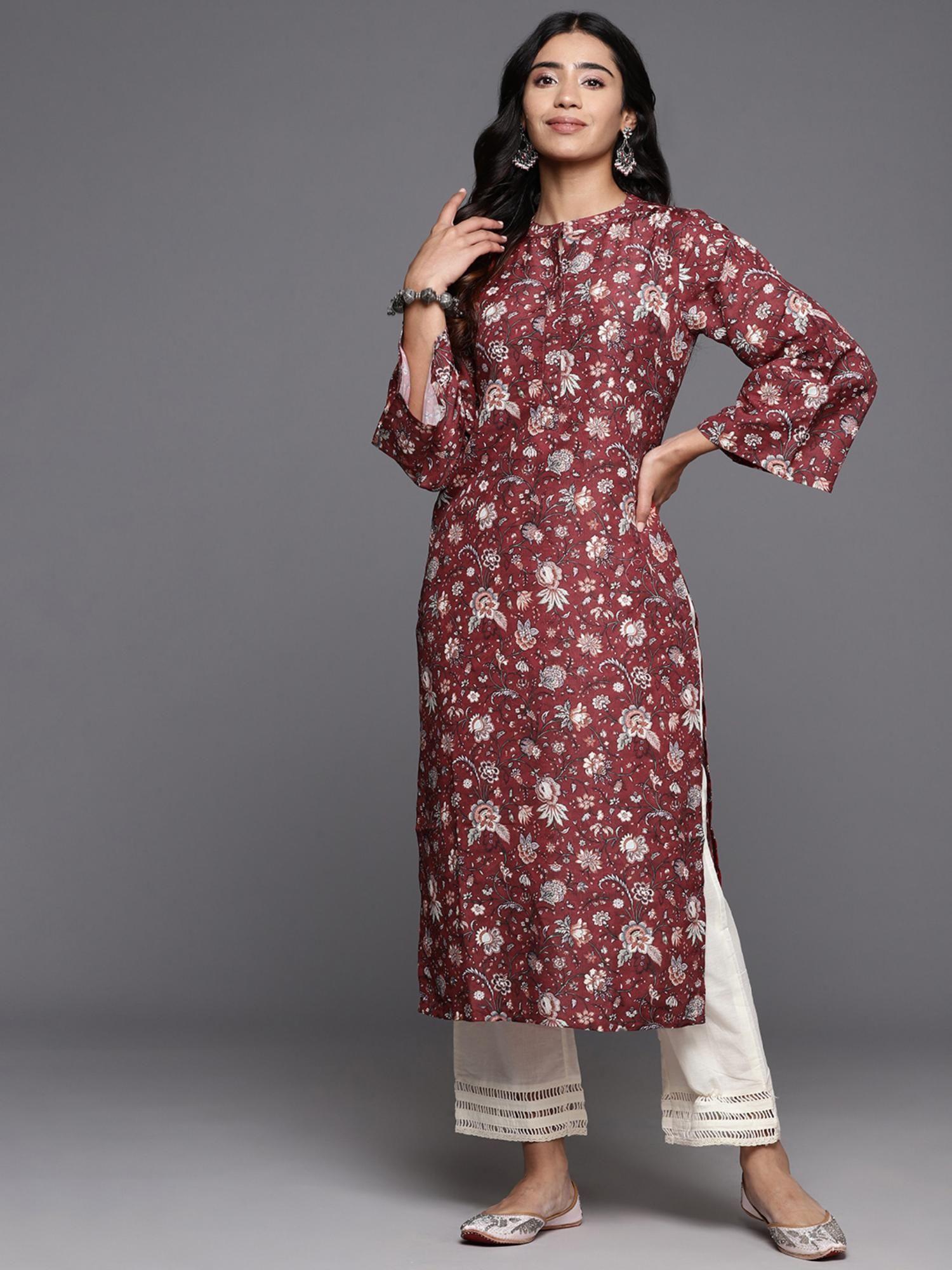 women maroon floral printed flared sleeves straight kurta