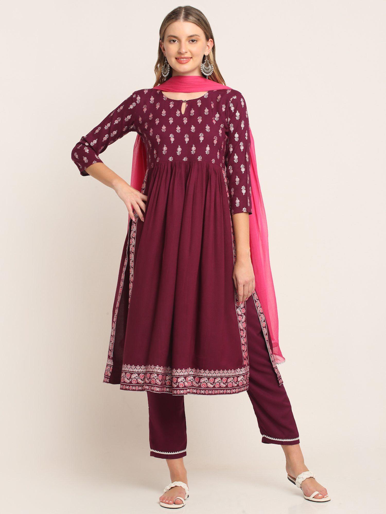 women maroon floral printed kurta with trousers & dupatta (set of 3)