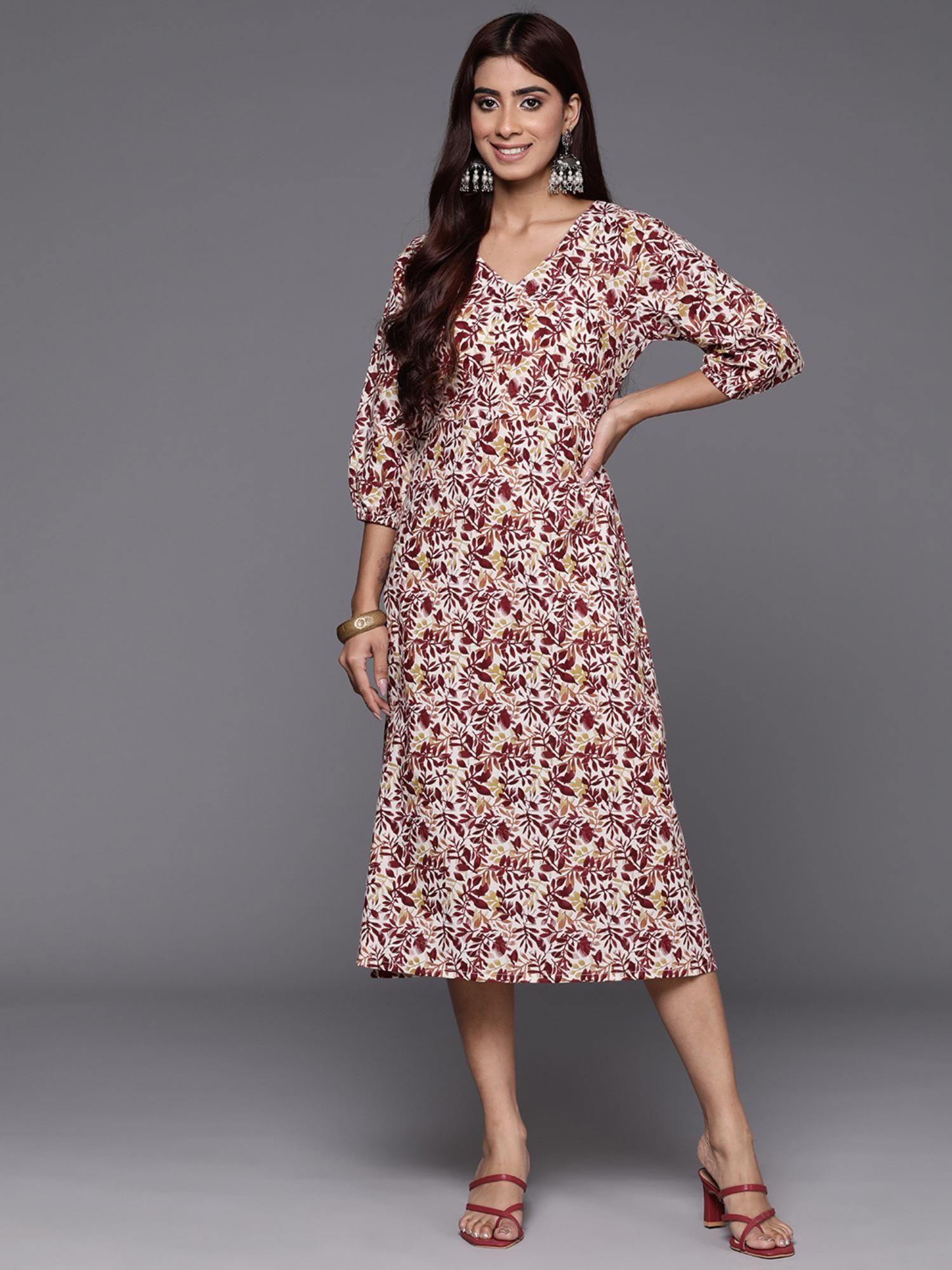 women maroon floral printed midi dress