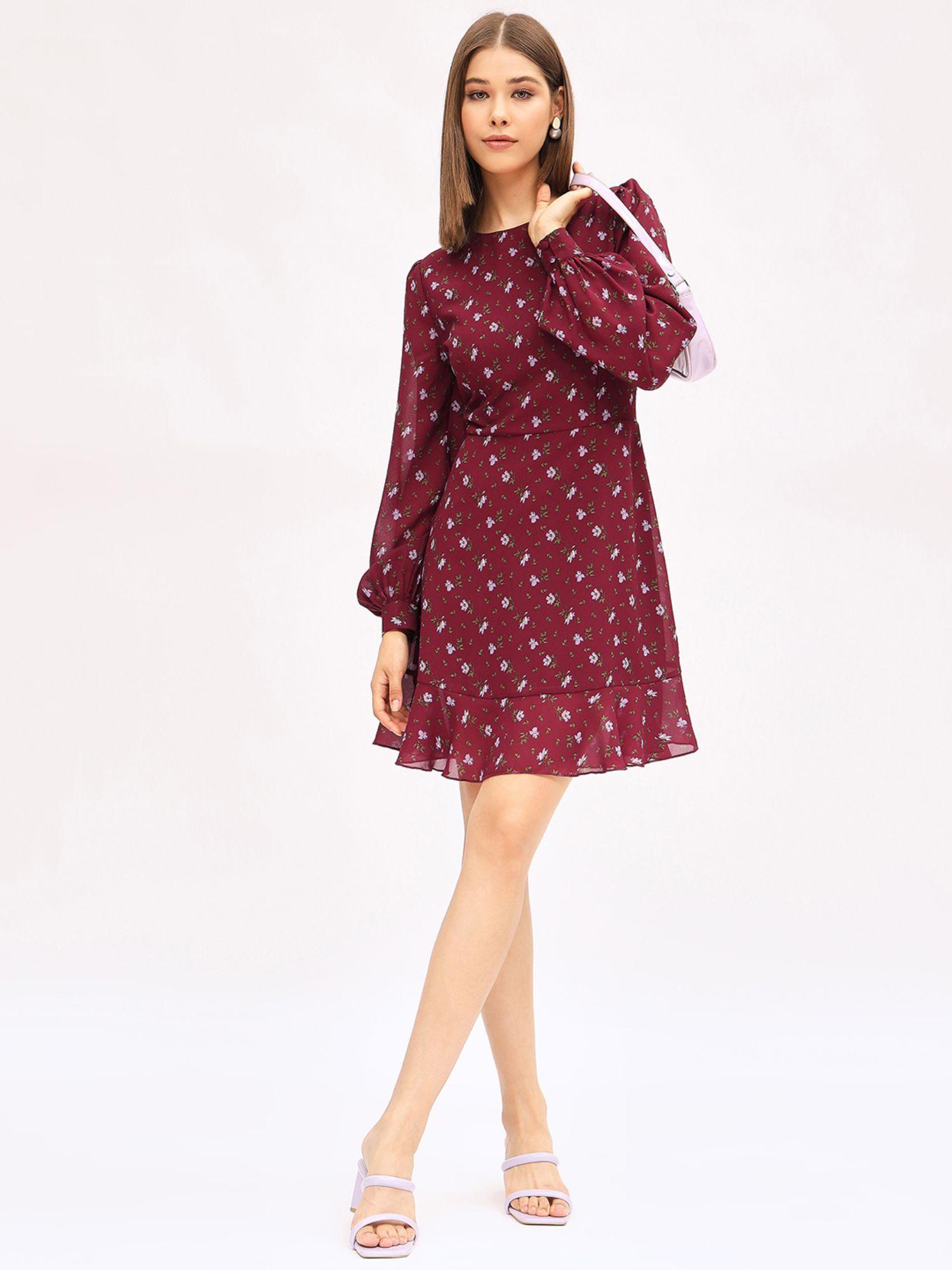 women maroon floral printed round neck balloon sleeves mini dress