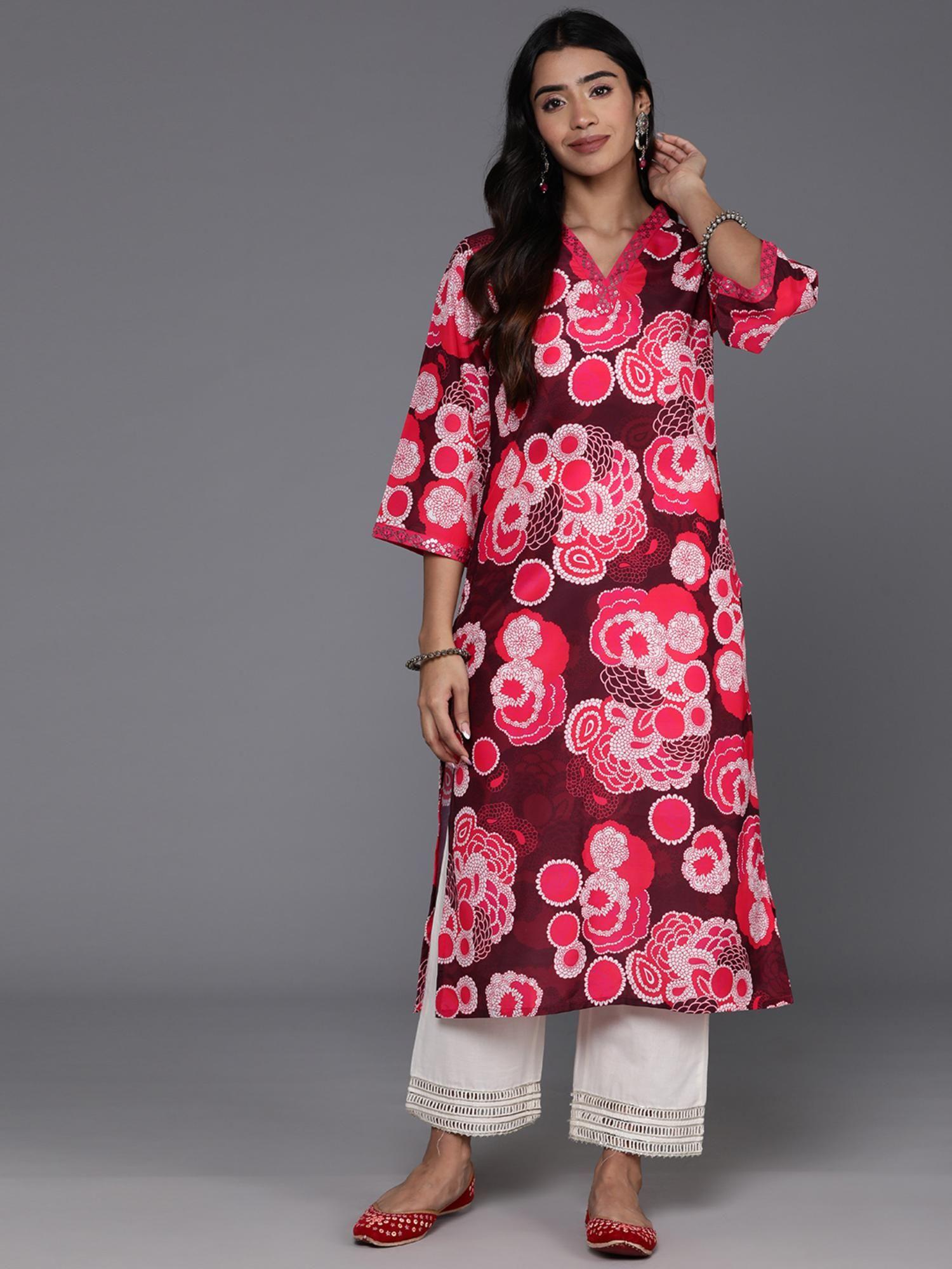 women maroon floral printed sequine embroidered v-neck straight kurta