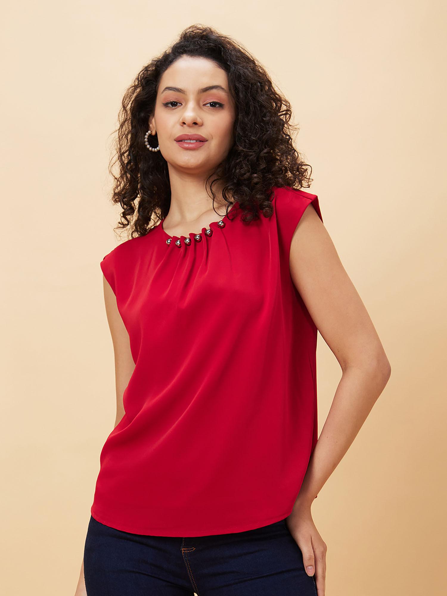 women maroon gathered & pleated stylish neck top