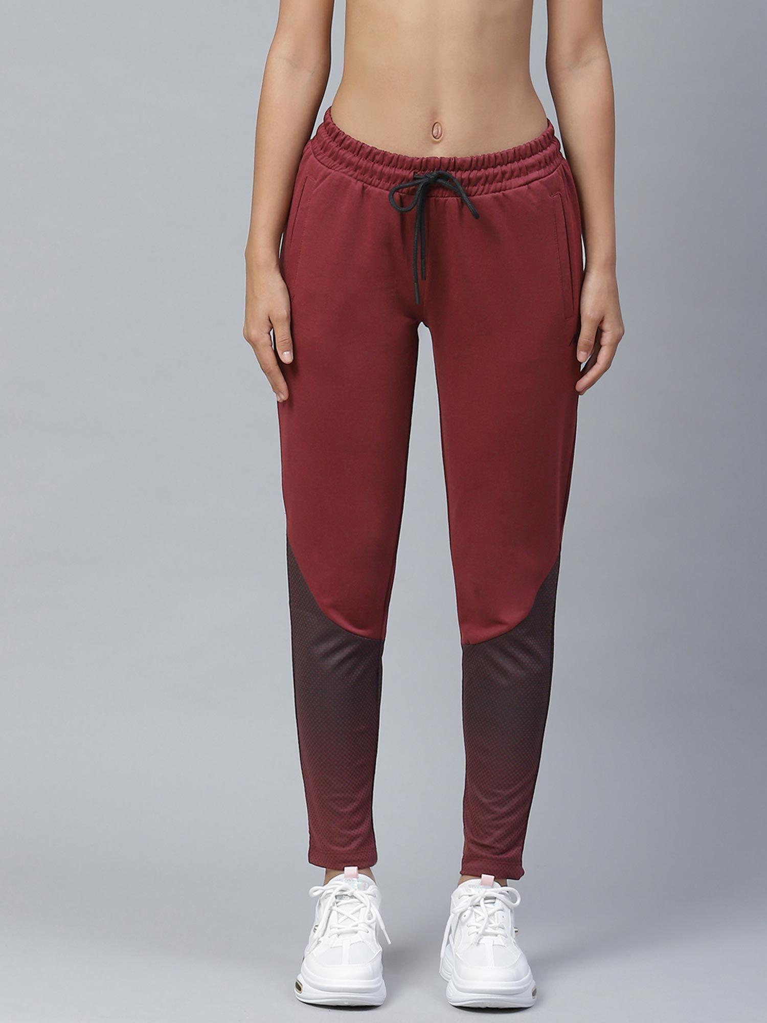 women maroon geometric print slim fit track pants