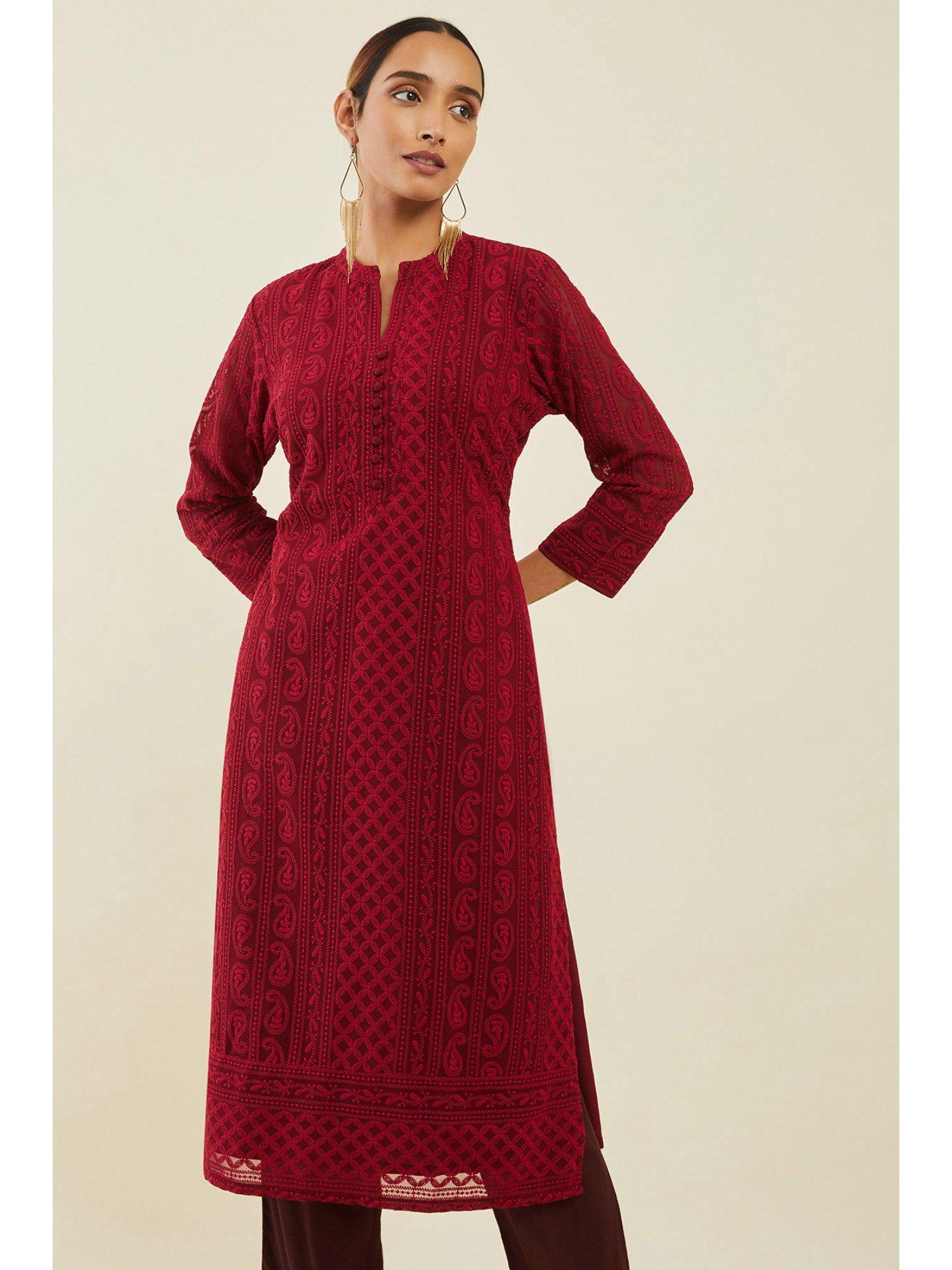 women maroon georgette embroidered kurta