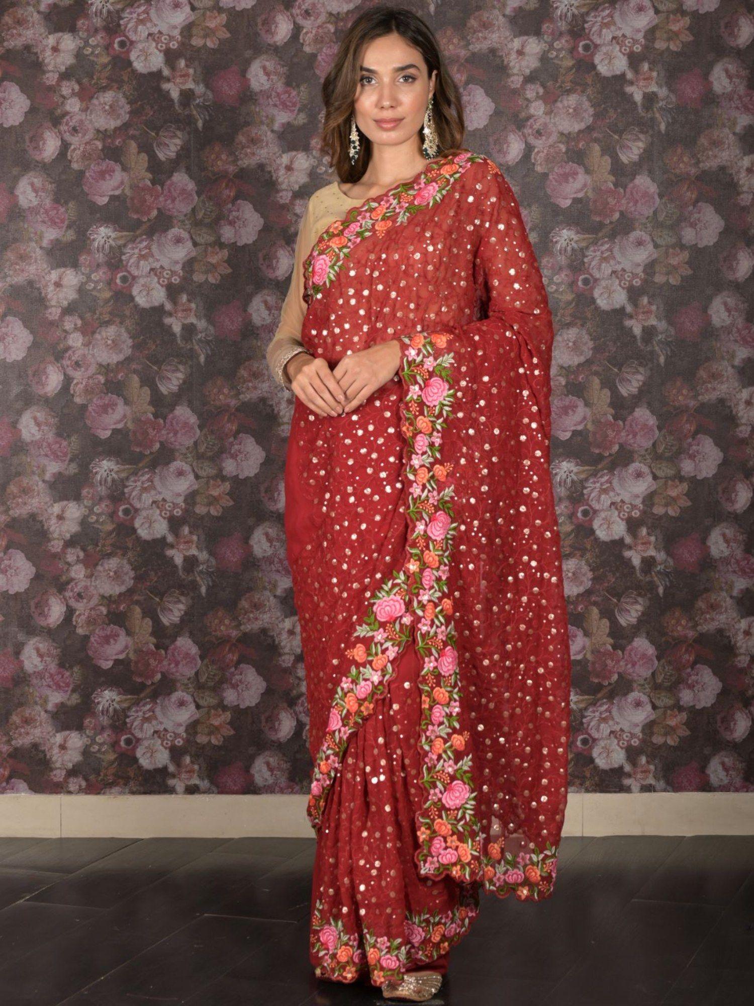 women maroon georgette embroidered saree with unstitched blouse