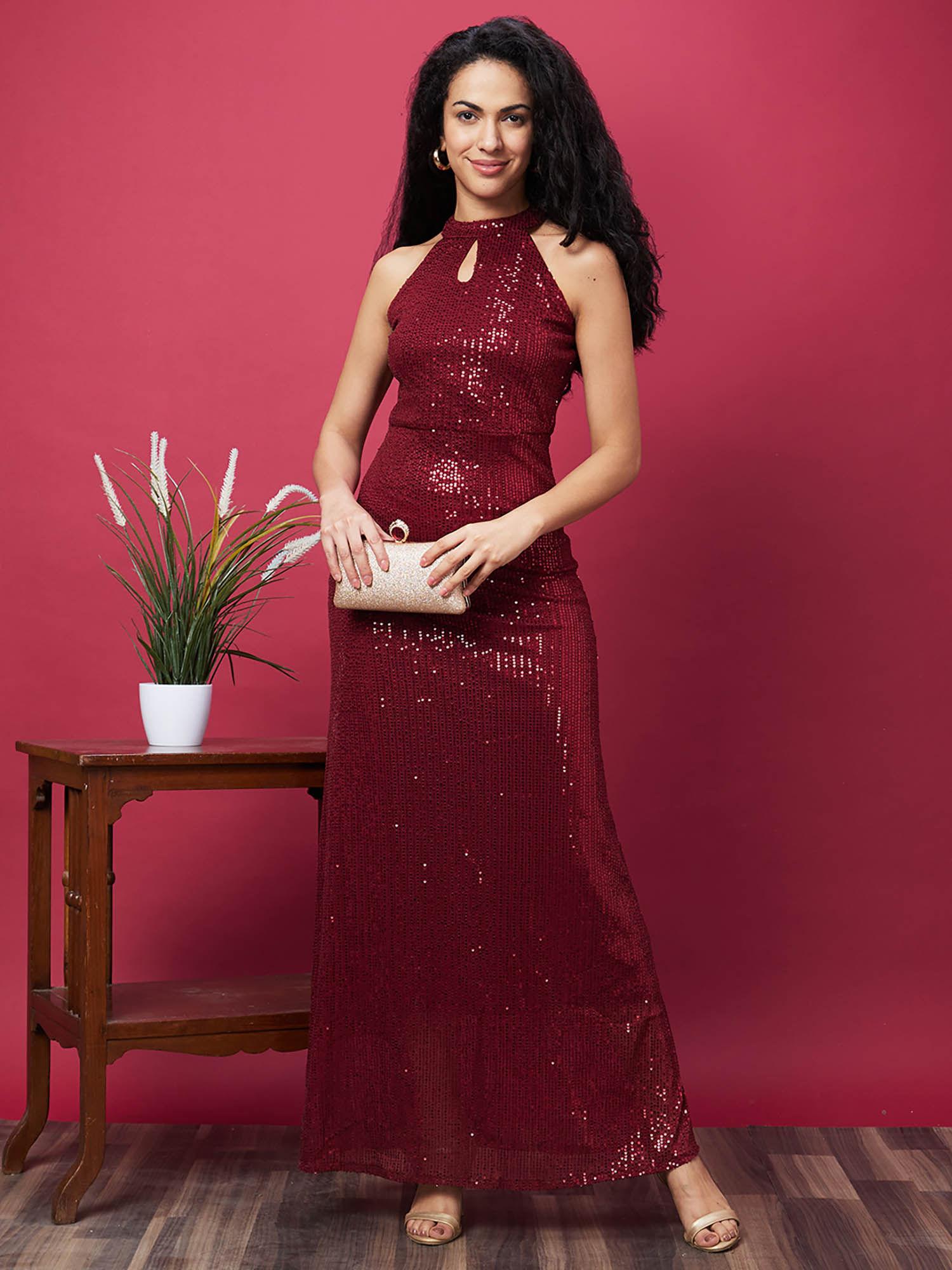 women maroon halter keyhole neck sequinned maxi gown dress