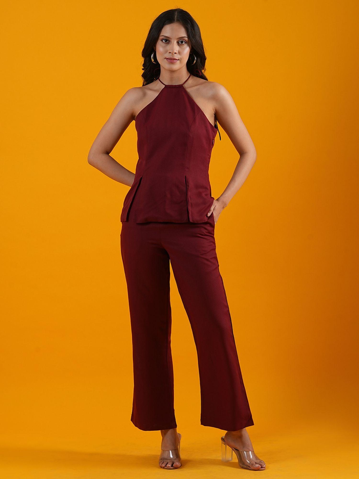 women maroon halter neck front slits moss crepe workwear top with trousers co-ord set