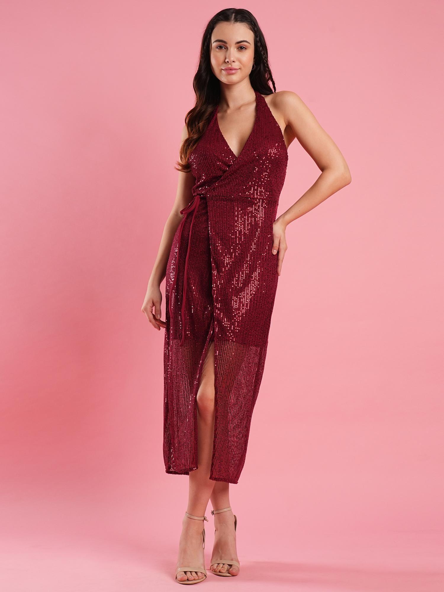 women maroon halter neck wrap waist tie-up backless sequinned midi party dress